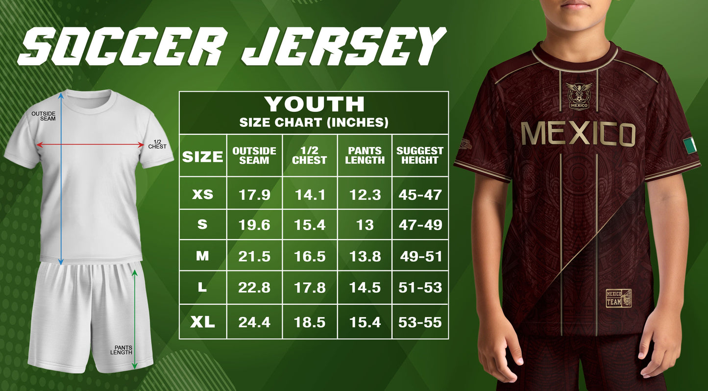 Mexico Football Fan Shirt with Maroon Gold Heritage Aztec Design, Retro Soccer Jersey Youth