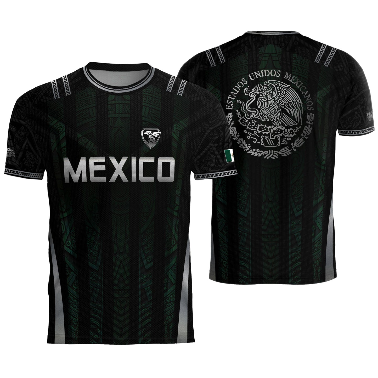 Mexico Soccer Jersey Black Eagle Crest Football Fan Men Shirt Aztec Design Tee