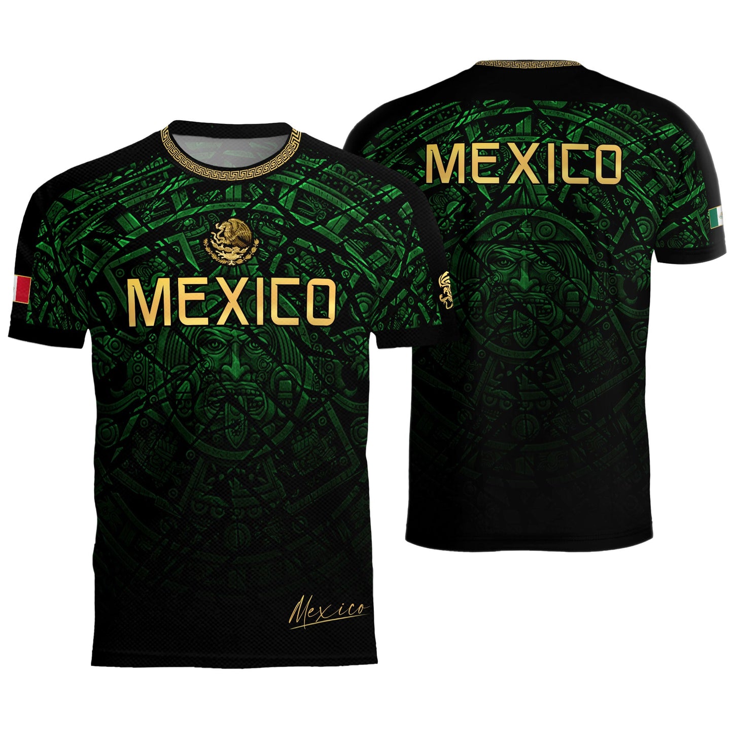 Mexico Soccer Jersey Green Black Aztec Sun Stone - Mexico Fan Heritage Style Shirt