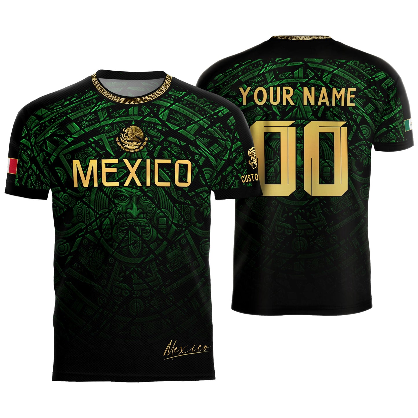 Custom Mexico Soccer Jersey – Green Aztec Calendar Pattern Black Football Shirt