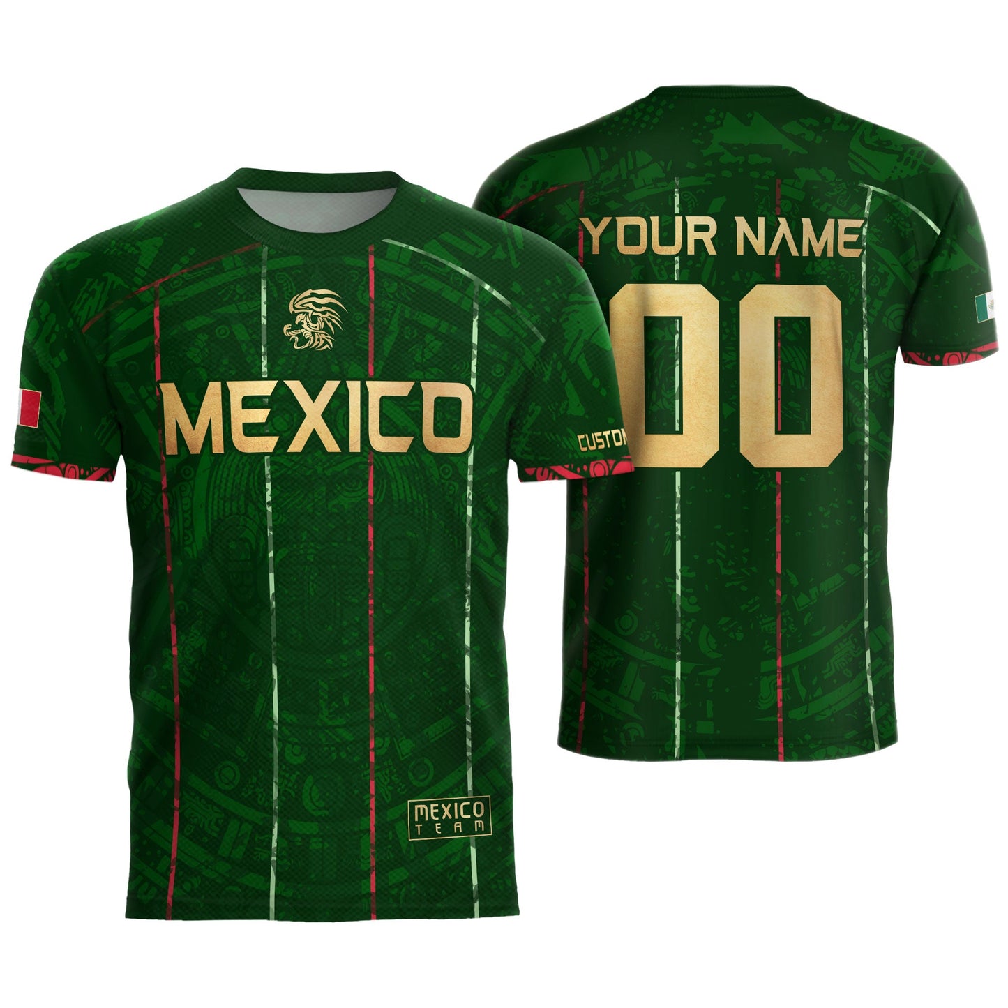 Custom Mexico Soccer Jersey – Green Aztec Pattern Striped Football Shirt with Custom Name Number