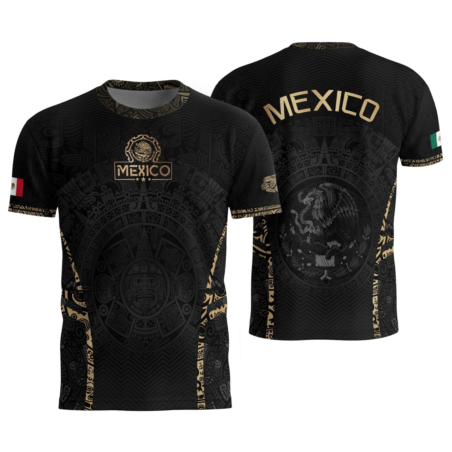 Mexico Soccer Jersey Aztec Sun Calendar Black Gold Football Shirt for Fans