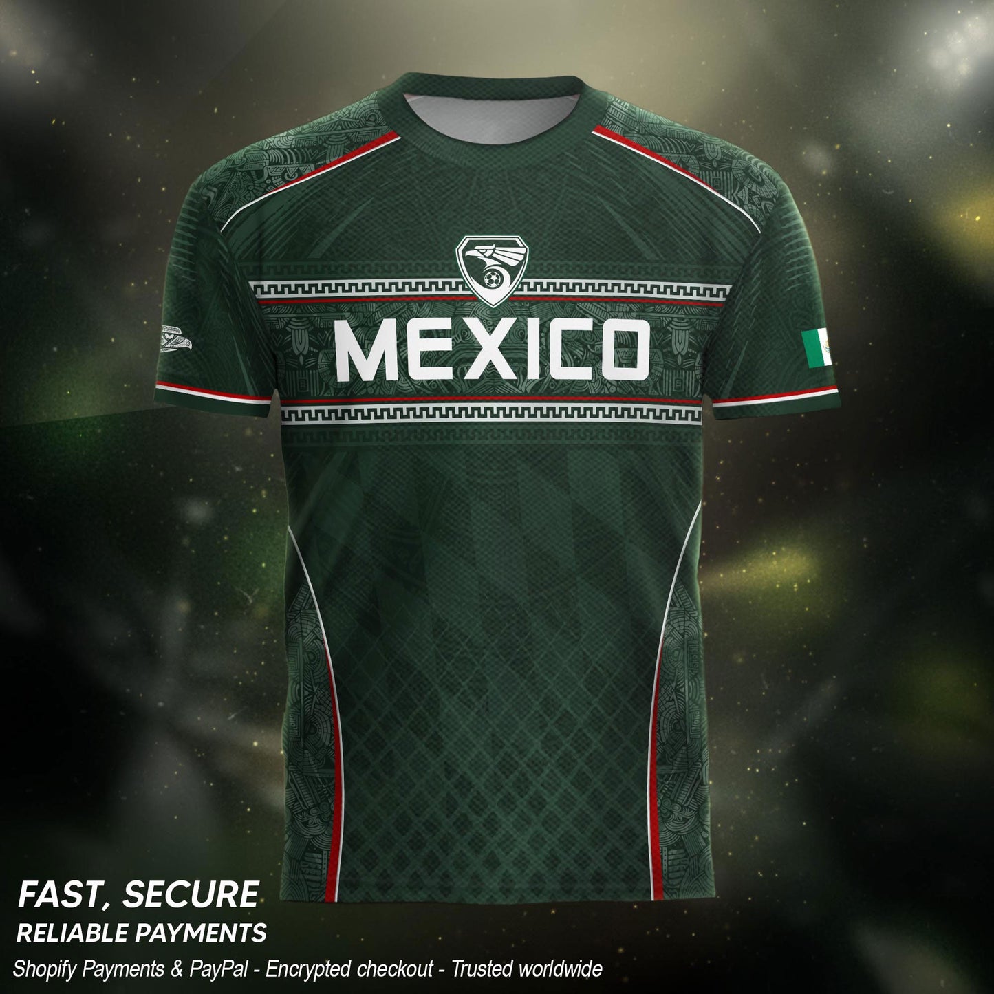 Mexico Soccer Green White Aztec Pattern Football Design - Mexico Fan Heritage Style Shirt