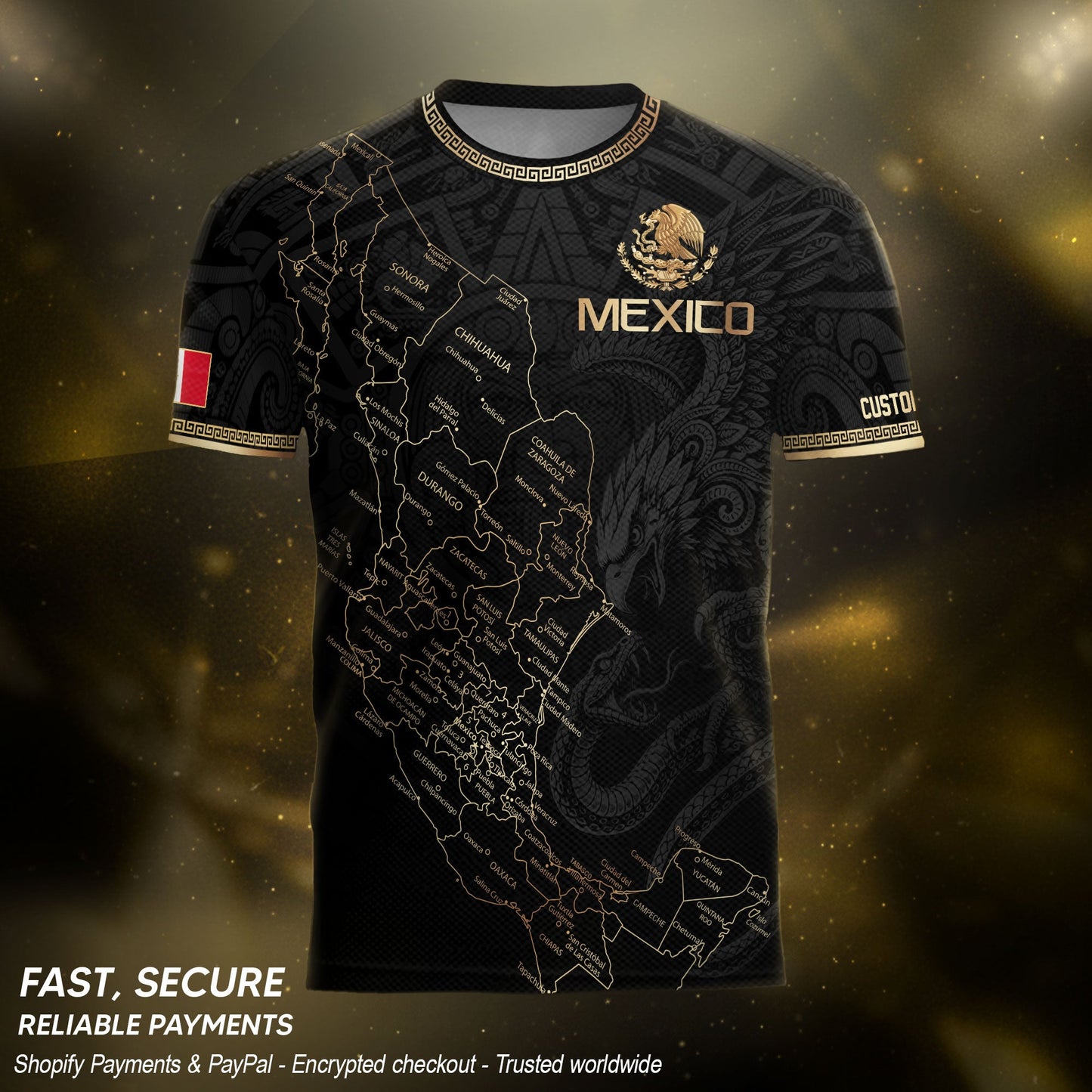 Mexico Soccer Jersey Custom Name - Black & Gold Mexico Map Heritage Football Shirt