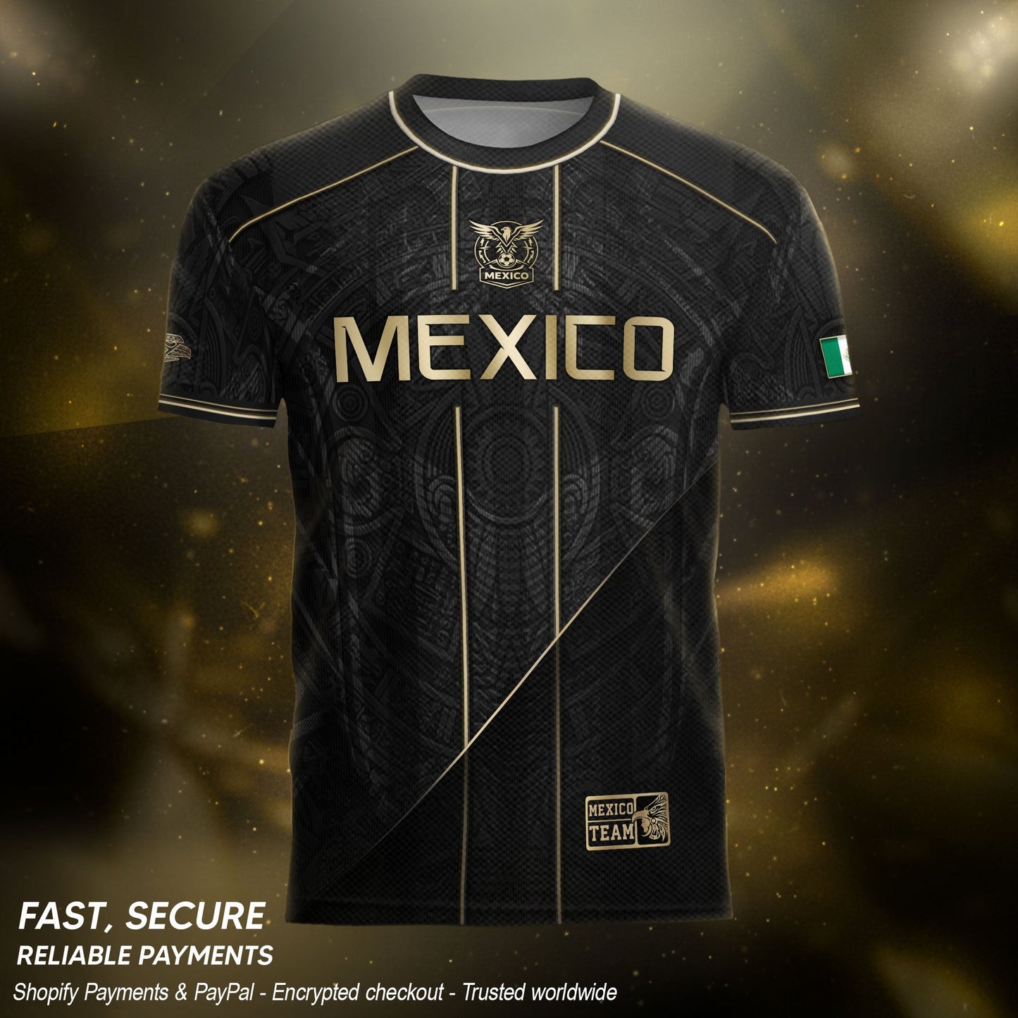Mexico Soccer Jersey - Black & Gold Aztec Heritage Tribal Football Shirt