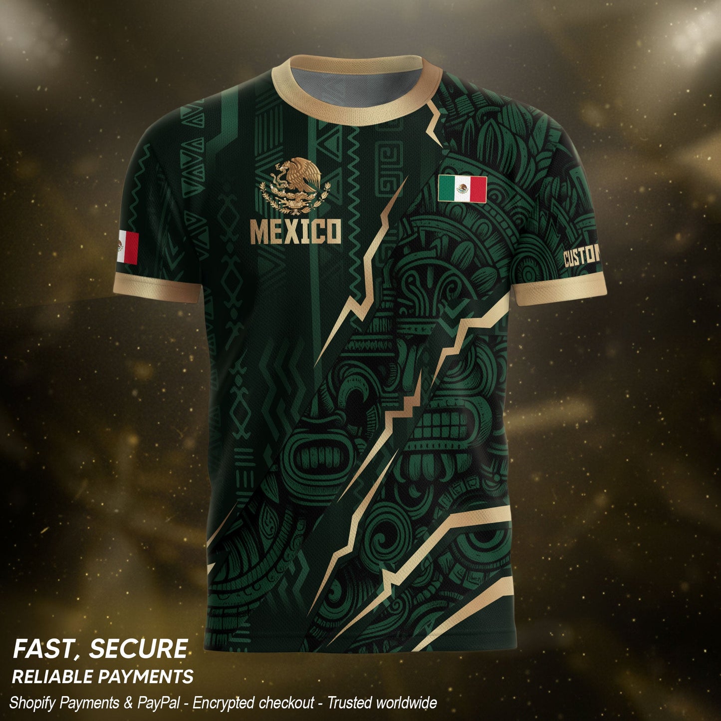 Custom Mexico Aztec Eagle Jersey Green Gold Mexican Pride Heritage Football Soccer Shirt