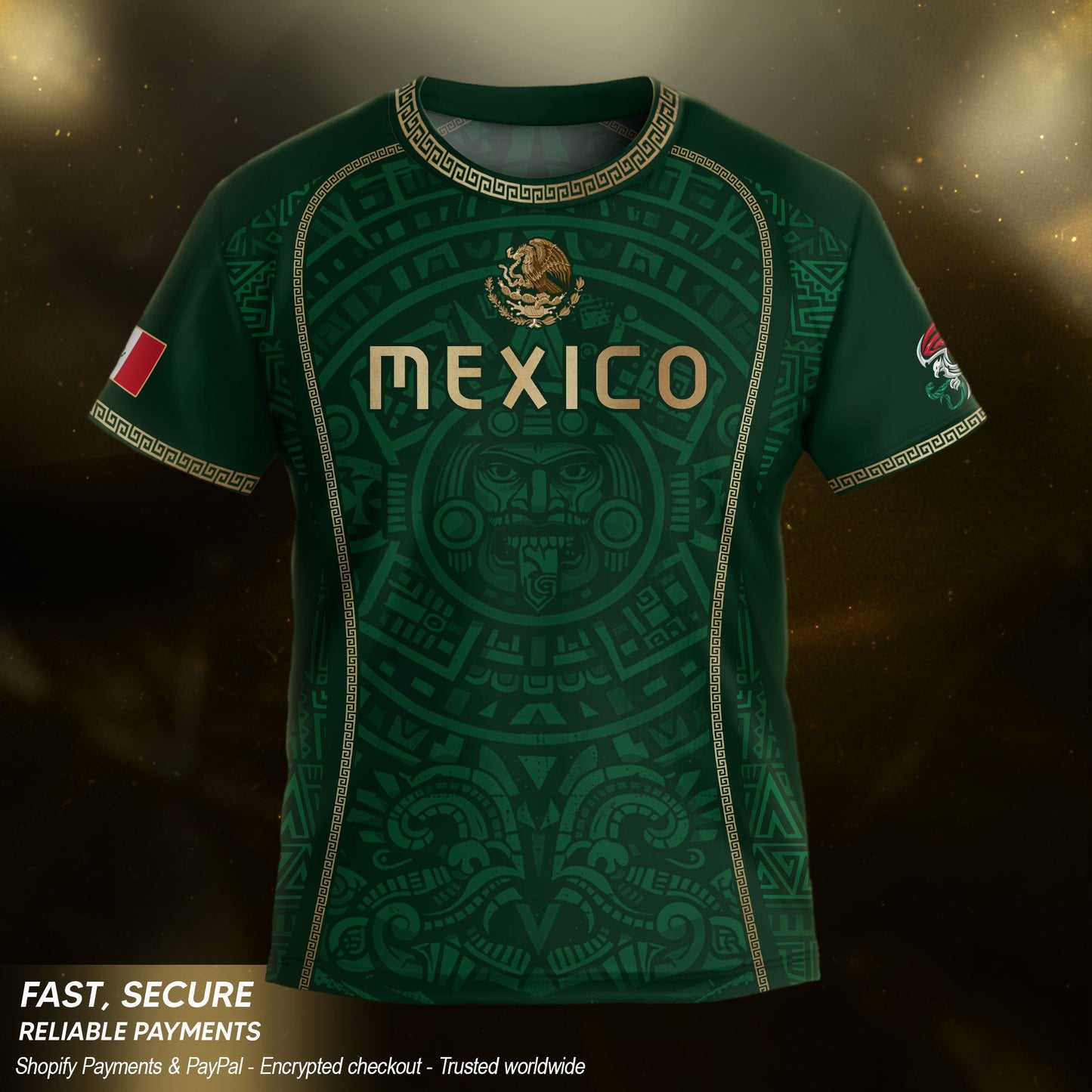 Mexico Kids Soccer Jersey Green Aztec Calendar Gold Youth Football Shirt Toddler Kit