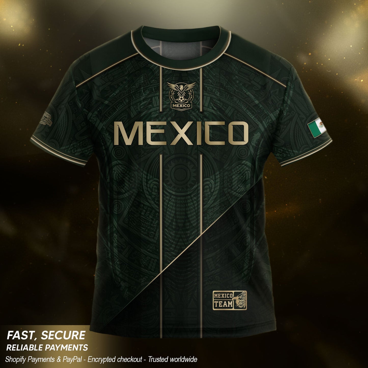 Youth Mexico Soccer Jersey Black Gold National Coat of Arms Heritage Football Shirt Set