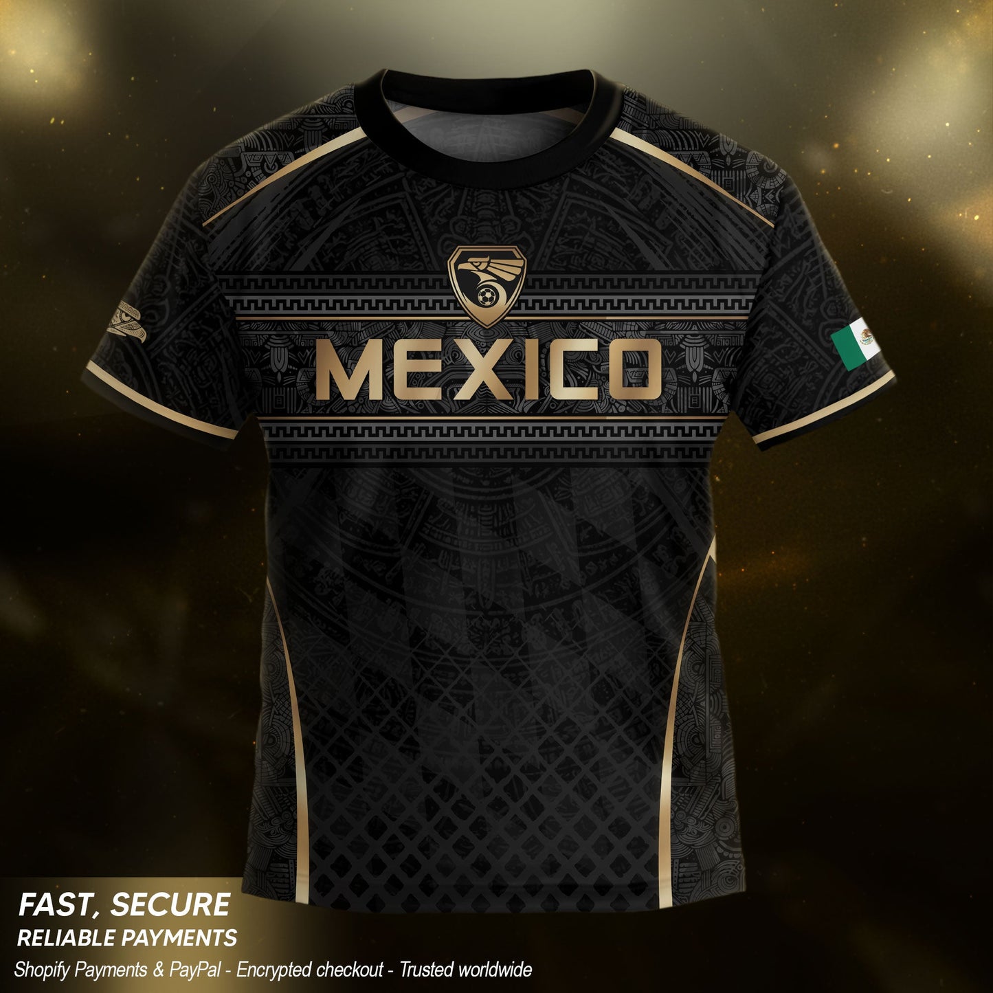 Aztec Inspired Black Gold Football Shirt for Youth, Mexico Soccer Jersey Retro Style Wear