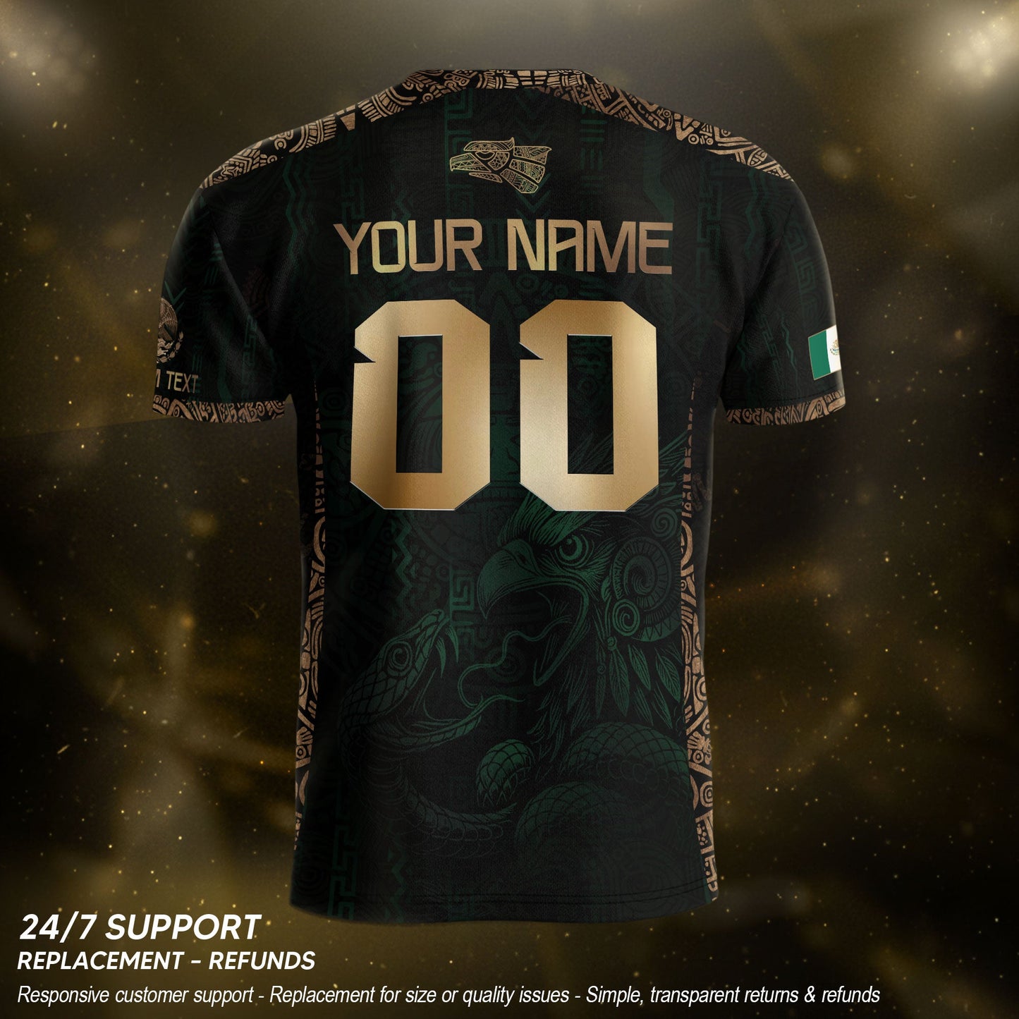 Custom Mexico Green Gold Soccer Jersey with Aztec Eagle Warrior Design
