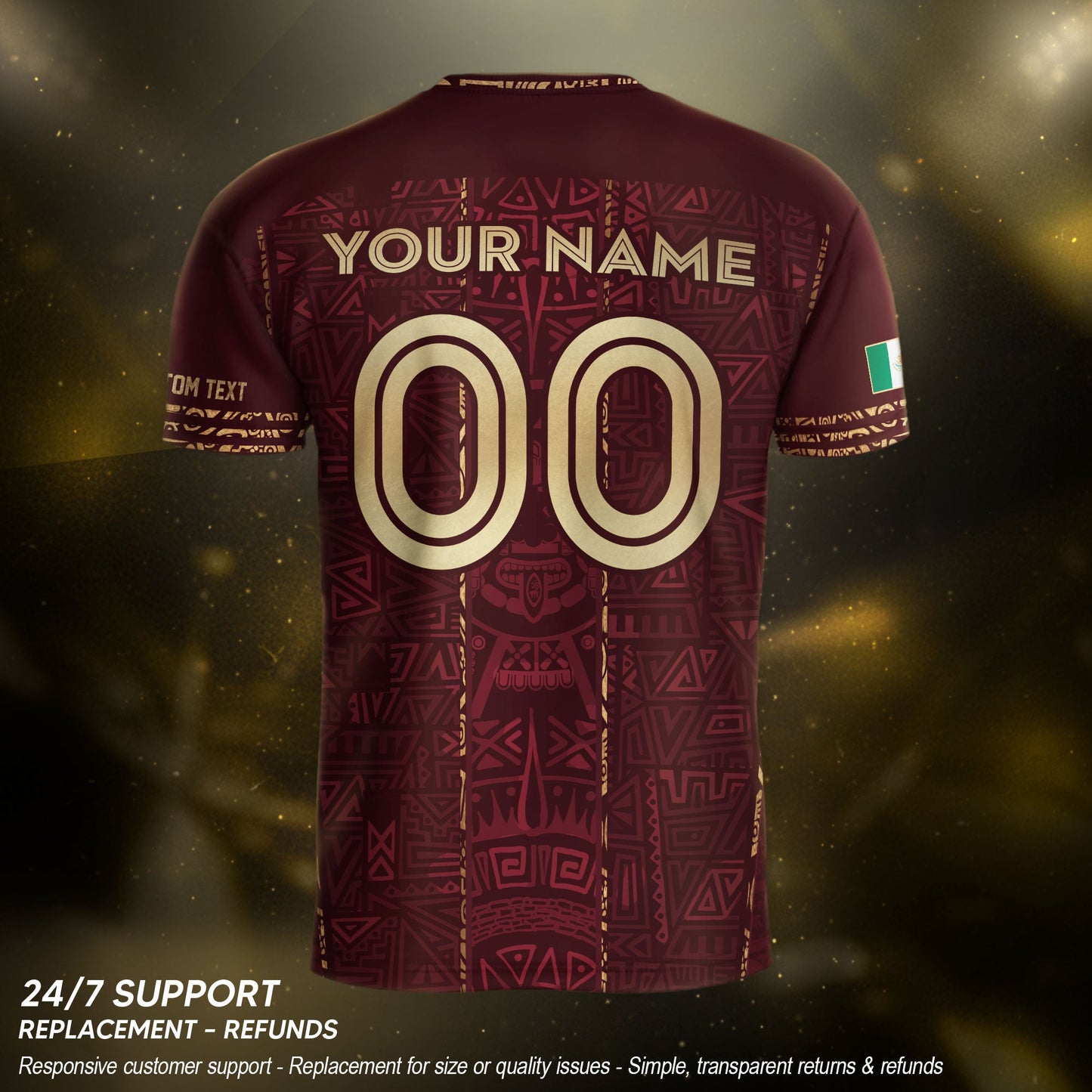 Mexico Soccer Jersey - Aztec Mayan Heritage Pattern - Personalized Maroon Football Shirt