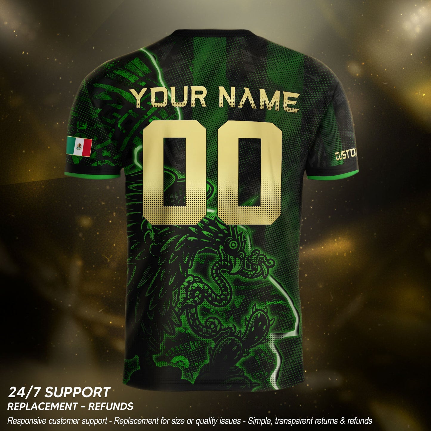 Custom Mexico Soccer Jersey – Black Green Aztec Serpent Lightning Football Shirt
