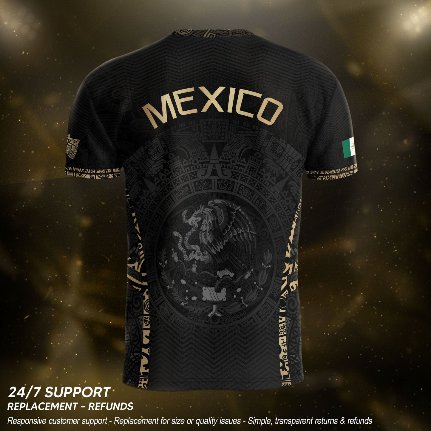 Mexico Soccer Jersey Aztec Sun Calendar Black Gold Football Shirt for Fans