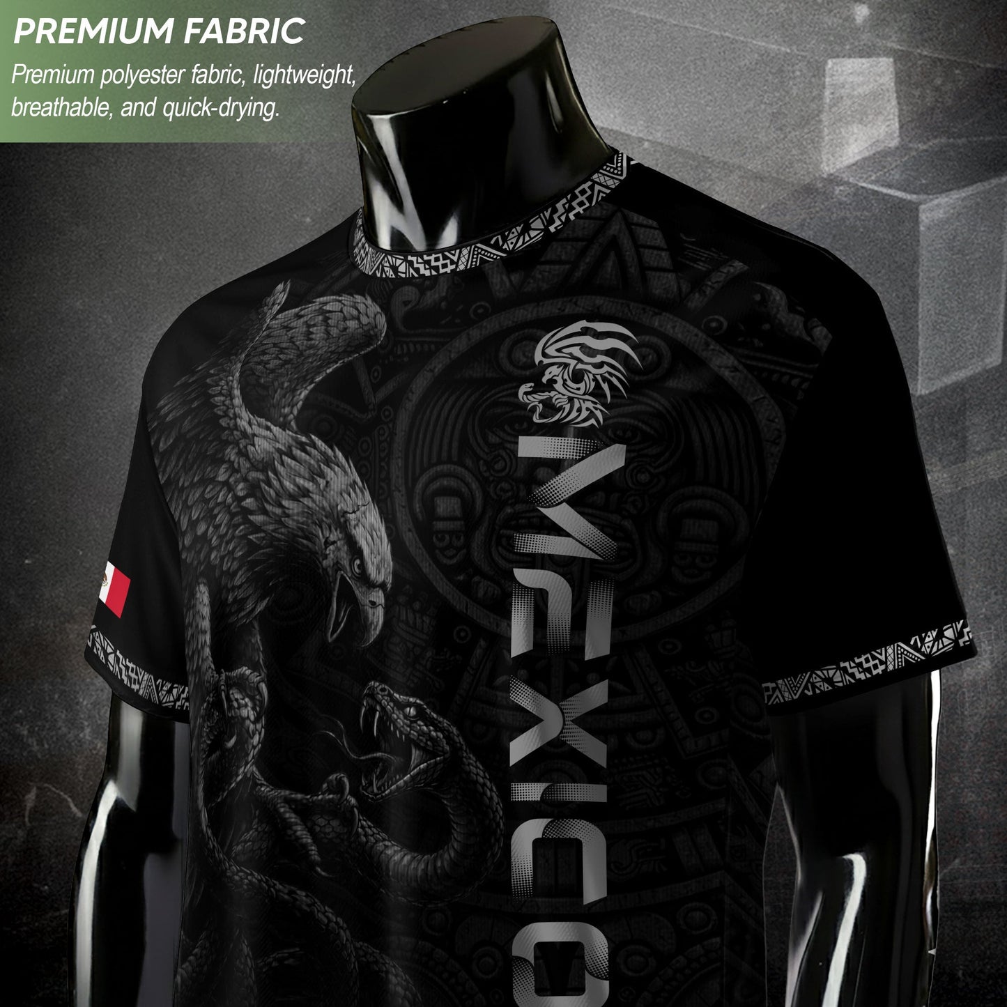 Mexico Coat of Arms Black Silver Eagle Snake Battle Aztec Calendar Heritage Soccer Jersey
