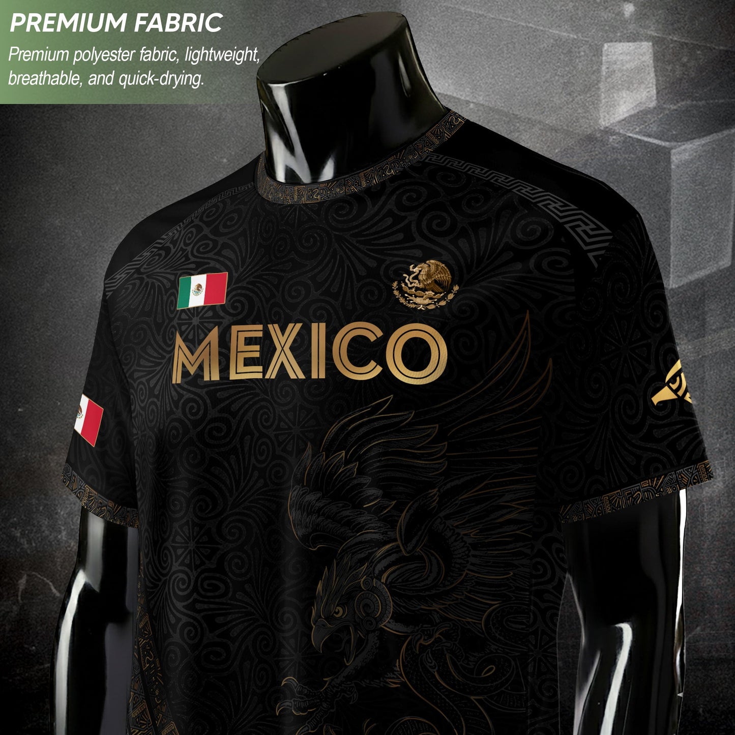 Mexico Heritage Black Gold Eagle Graphic Floral Pattern Pride Soccer Jersey