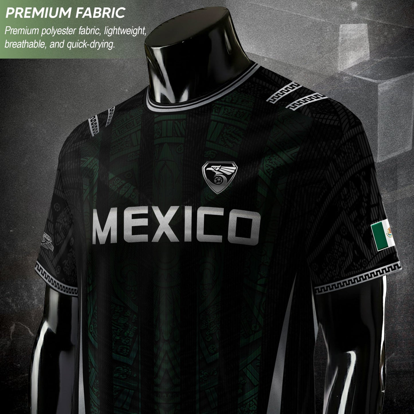 Mexico Soccer Jersey Black Eagle Crest Football Fan Men Shirt Aztec Design Tee