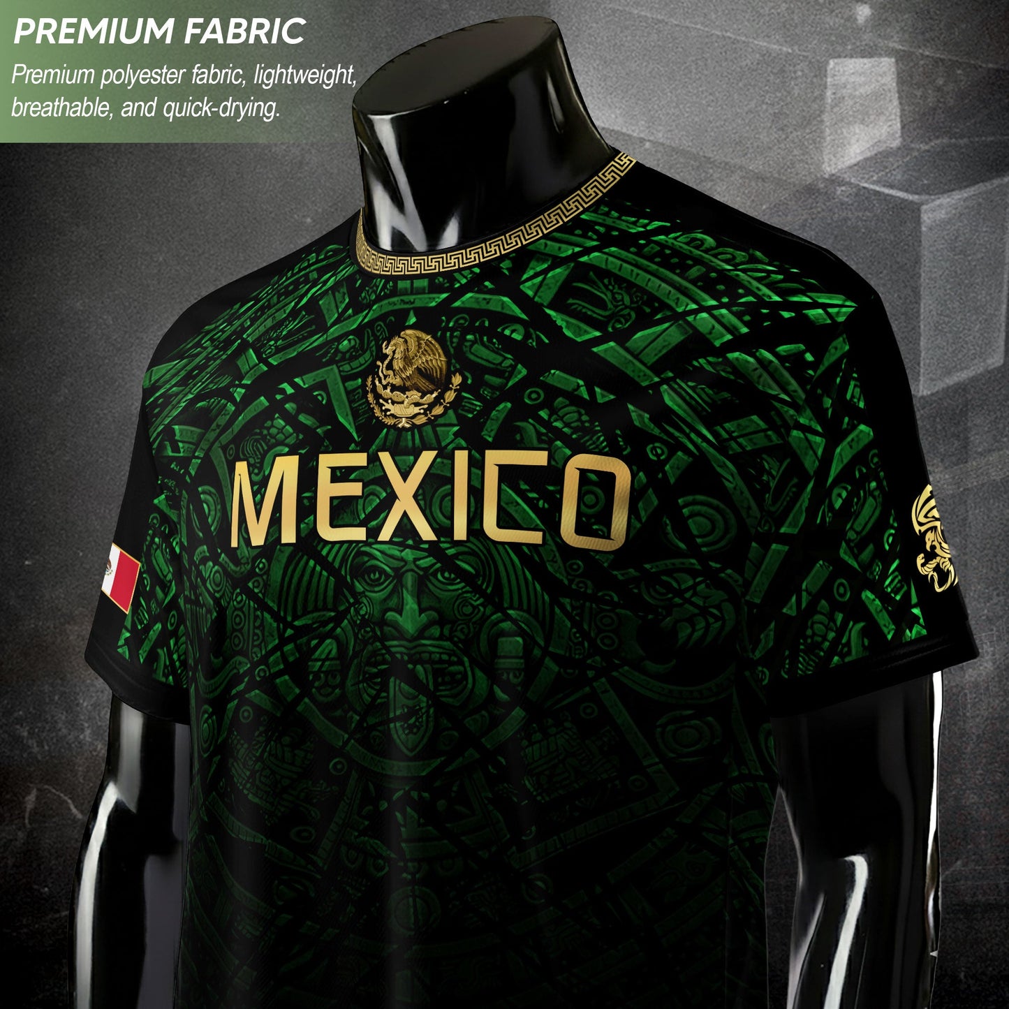 Mexico Soccer Jersey Green Black Aztec Sun Stone - Mexico Fan Heritage Style Shirt