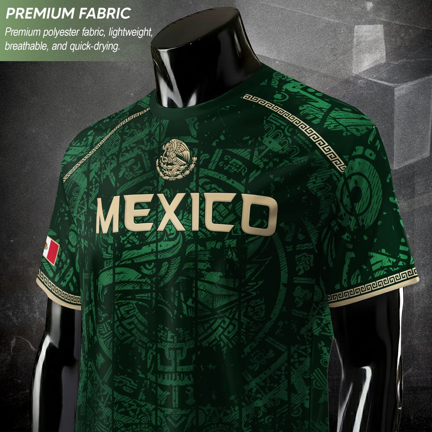 Mexico Soccer Jersey Green Eagle Crest - Aztec Sun Stone Heritage Fan Football Men Shirt