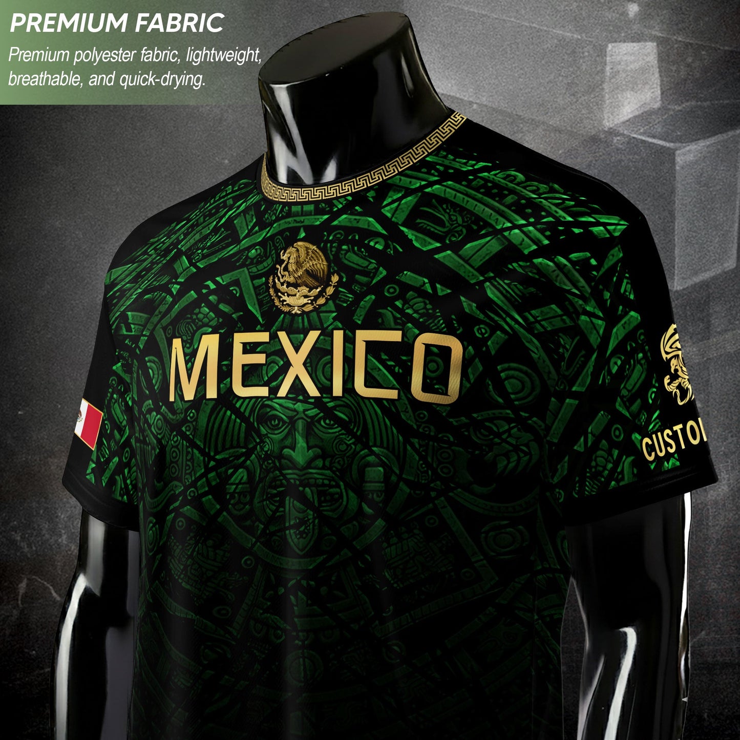 Custom Mexico Soccer Jersey – Green Aztec Calendar Pattern Black Football Shirt