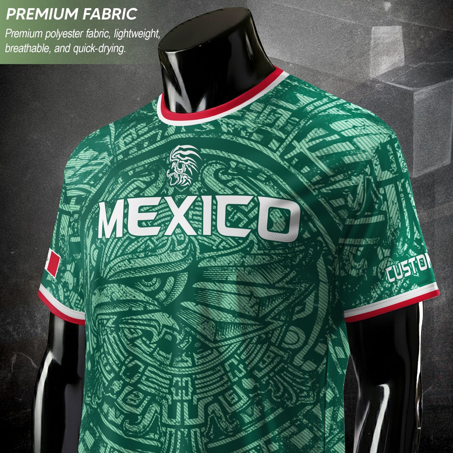 Mexico Soccer Jersey Custom Name - Green Aztec Calendar & Eagle Heritage Football Shirt