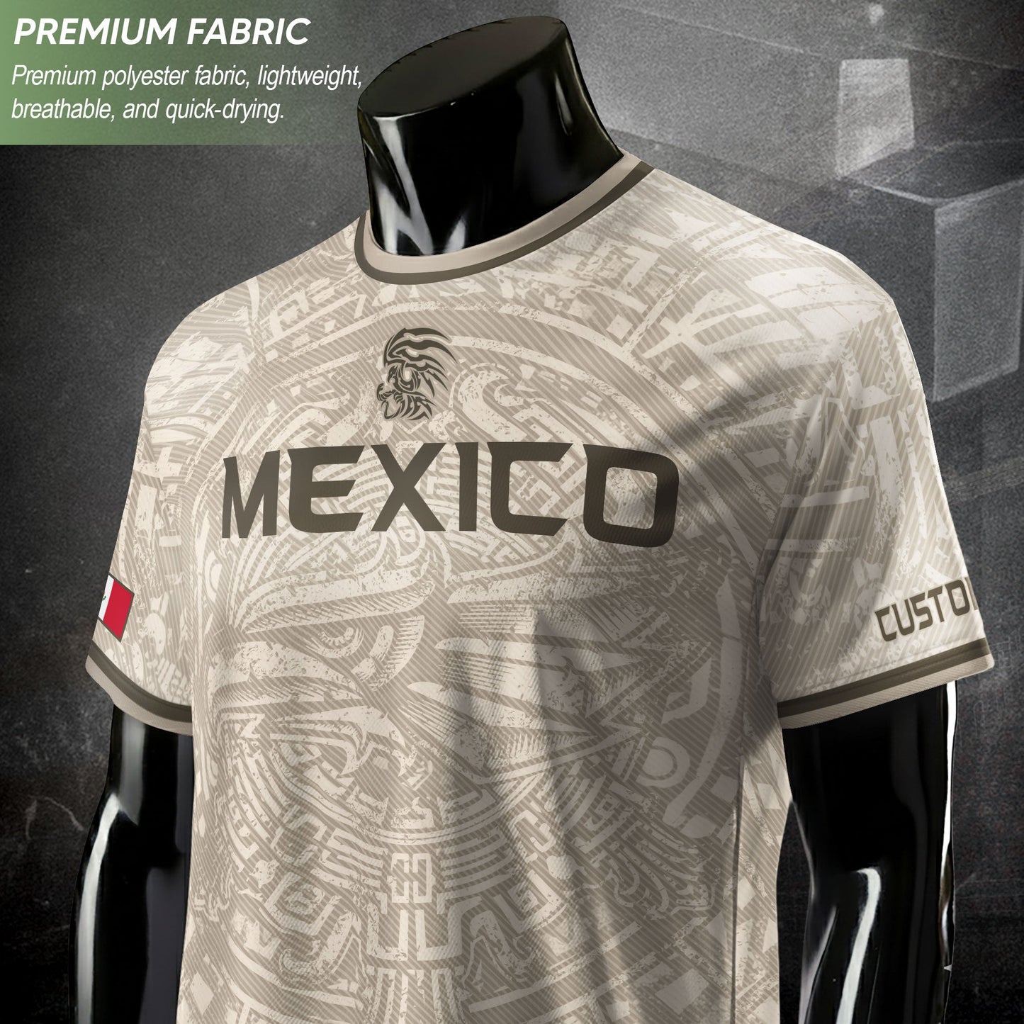 Custom Mexico Soccer Jersey Beige Aztec Calendar & Quetzalcoatl Heritage Fan Shirt