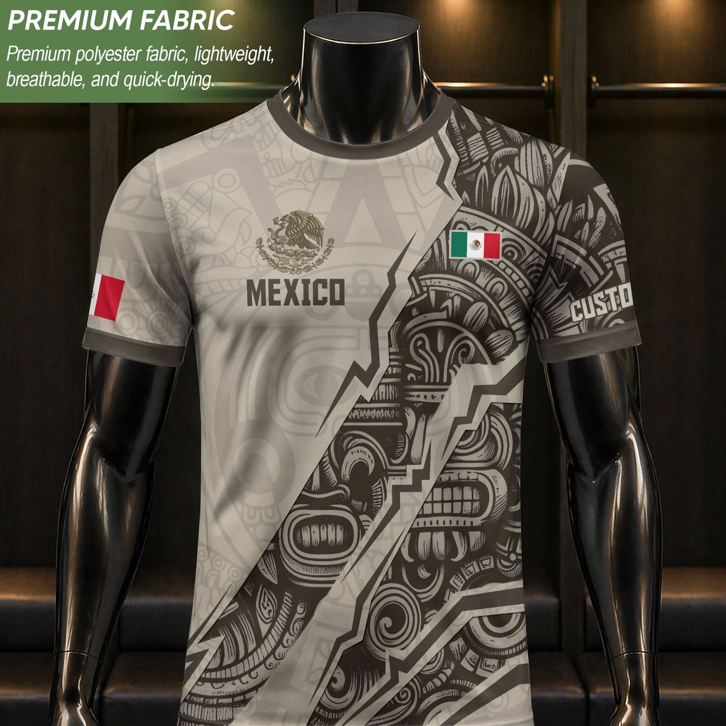Custom Beige Mexico Soccer Jersey Aztec Eagle Heritage Gold Trim Mexican Football Shirt