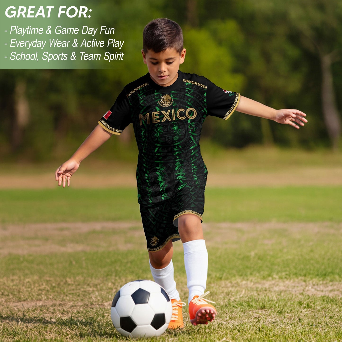 Mexico Kids Soccer Jersey Black Green Aztec Calendar Gold Youth Football Shirt