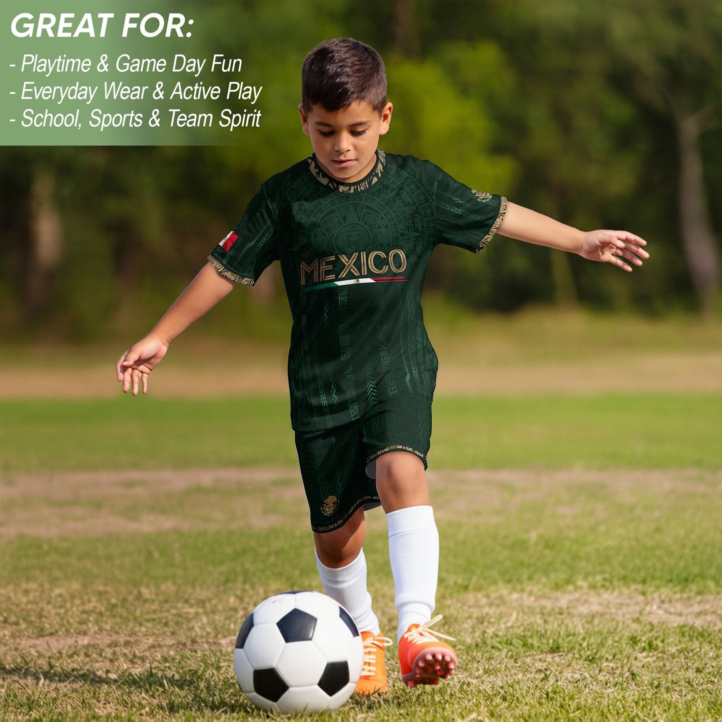 Mexico Soccer Jersey Kid Youth Aztec Calendar Green Football Shirt Tee Gift