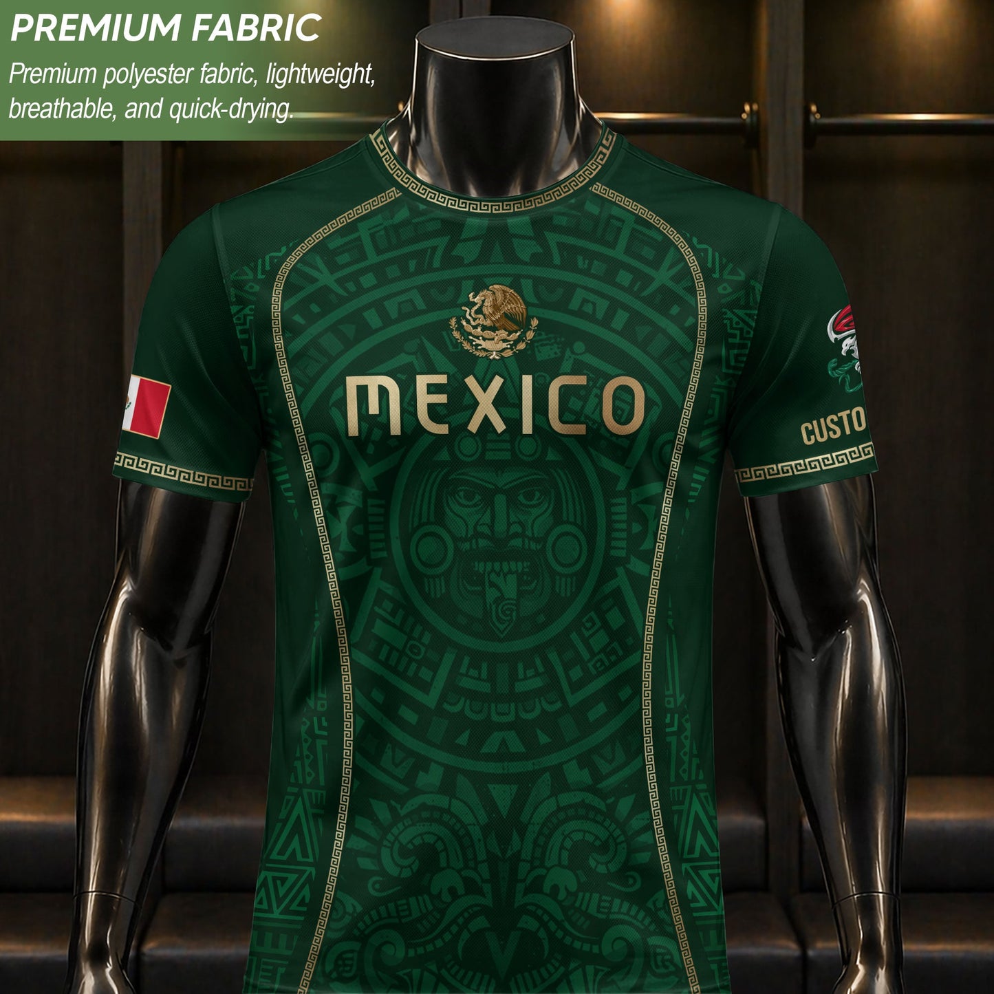 Custom Mexico Soccer Jersey Green Aztec Calendar Culture Men Mexican Football Shirt