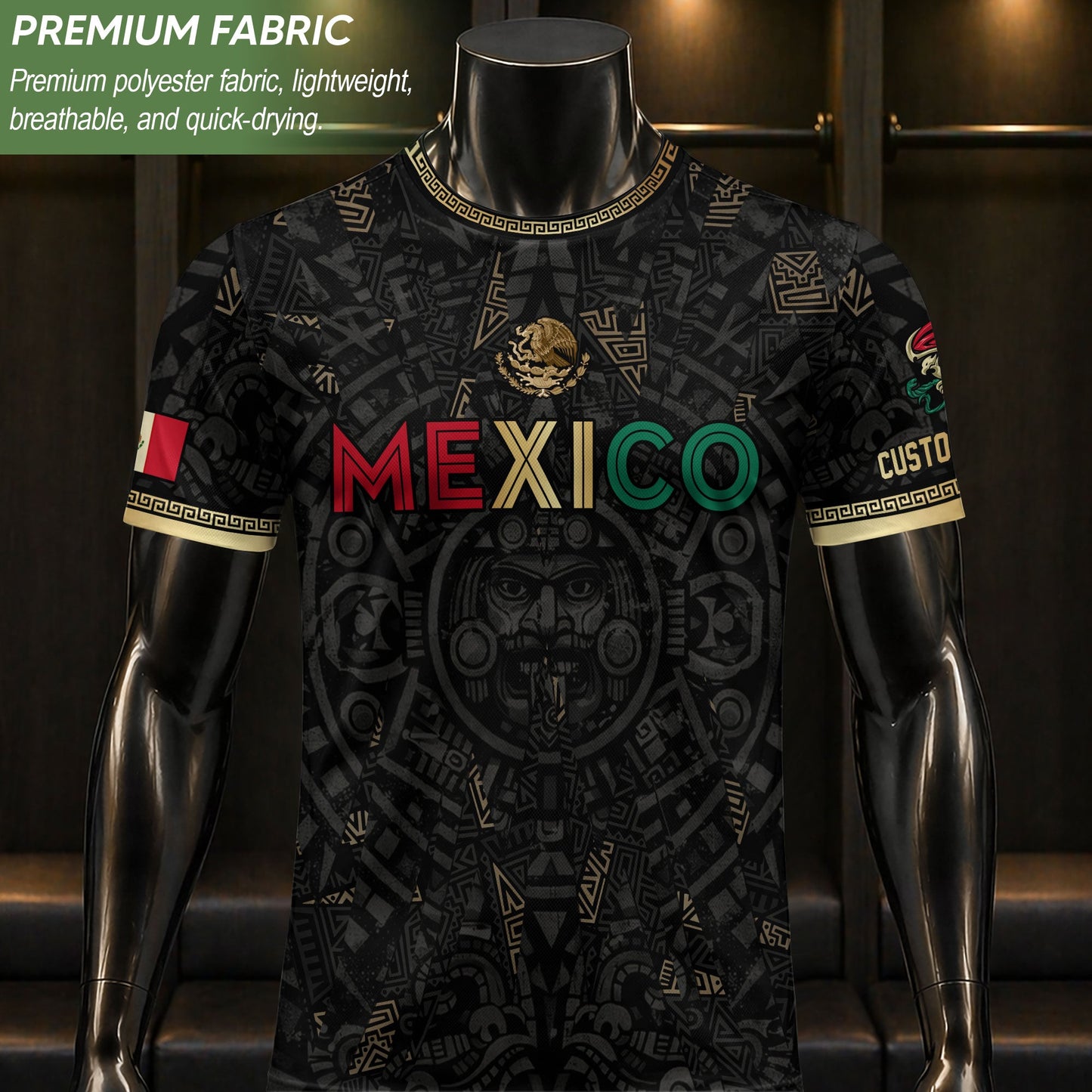 Personalized Mexico Soccer Jersey Black Aztec Calendar Men Mexican Football Shirt Flag