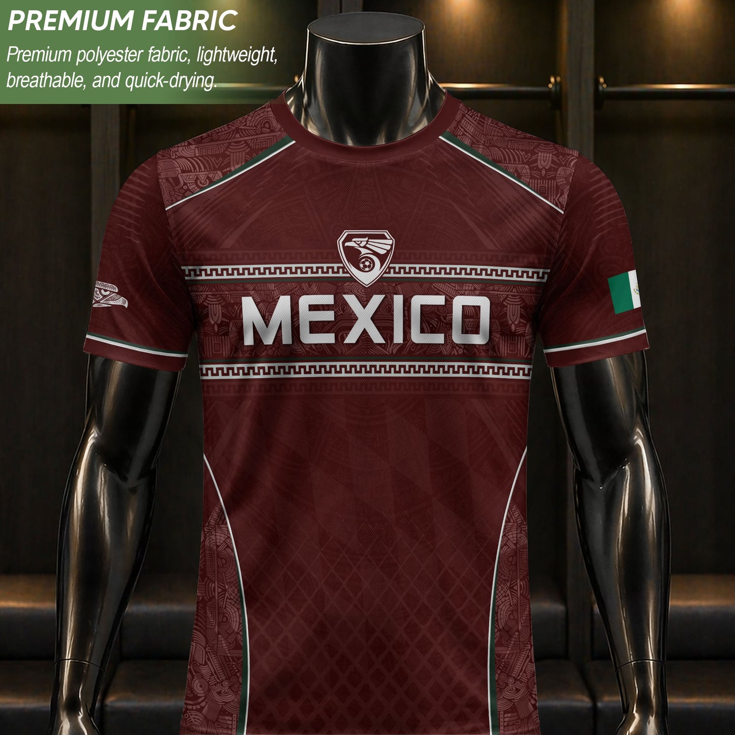Maroon Mexico Soccer Jersey Aztec Coat of Arms Football Men Shirt Mexico Fan Tee