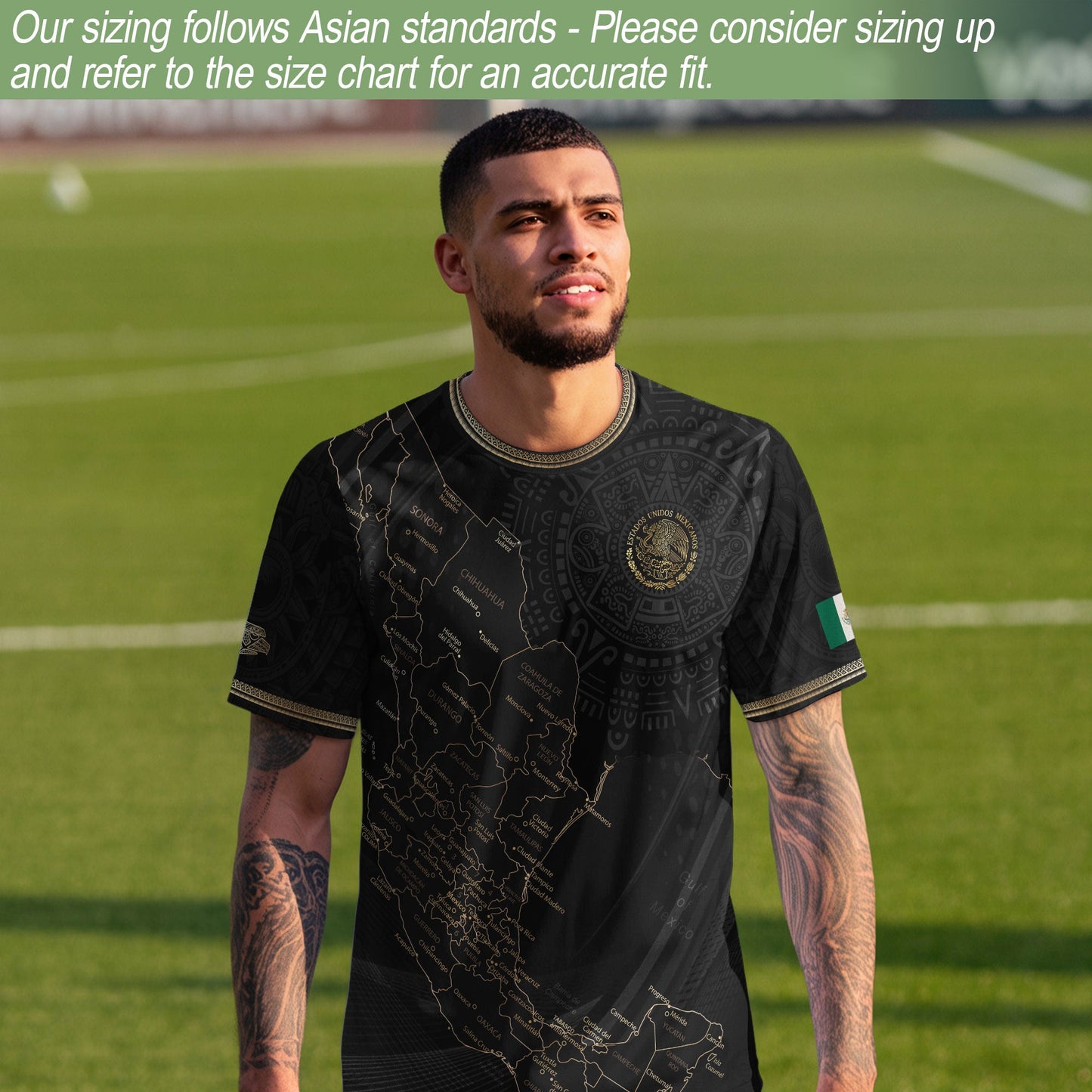 Mexico Soccer Jersey Black Aztec Sunstone Heritage Map Design
