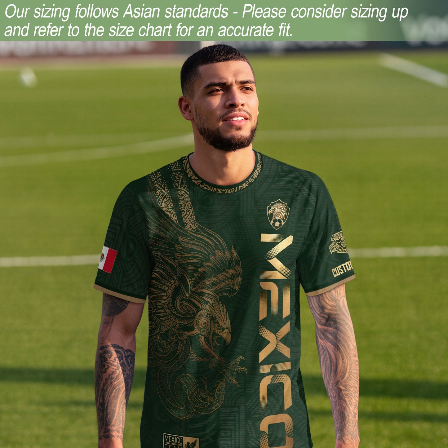 Custom Mexico Green Gold Soccer Jersey with Aztec Eagle Serpent Design