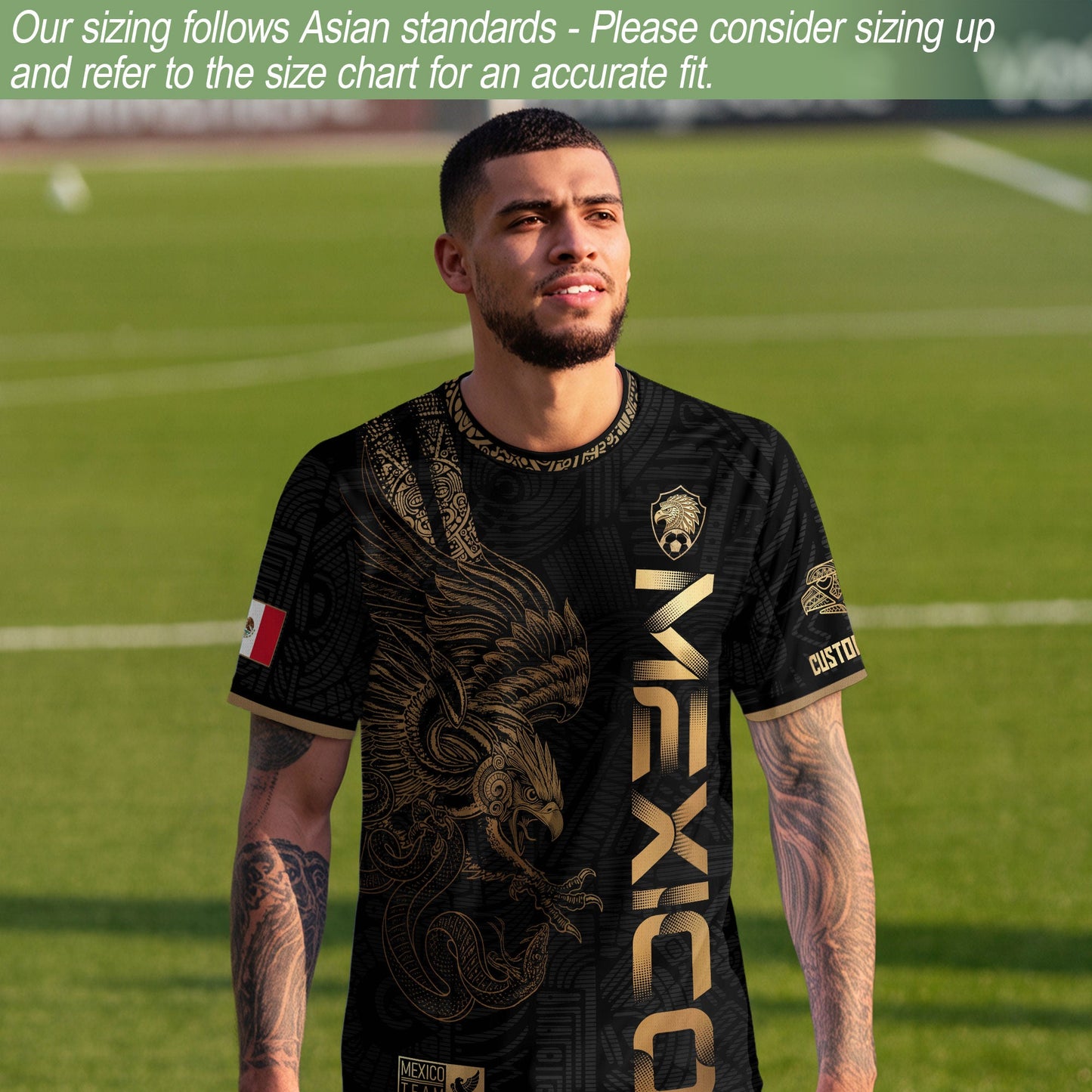 Custom Mexico Black Gold Soccer Jersey with Aztec Eagle Serpent Design