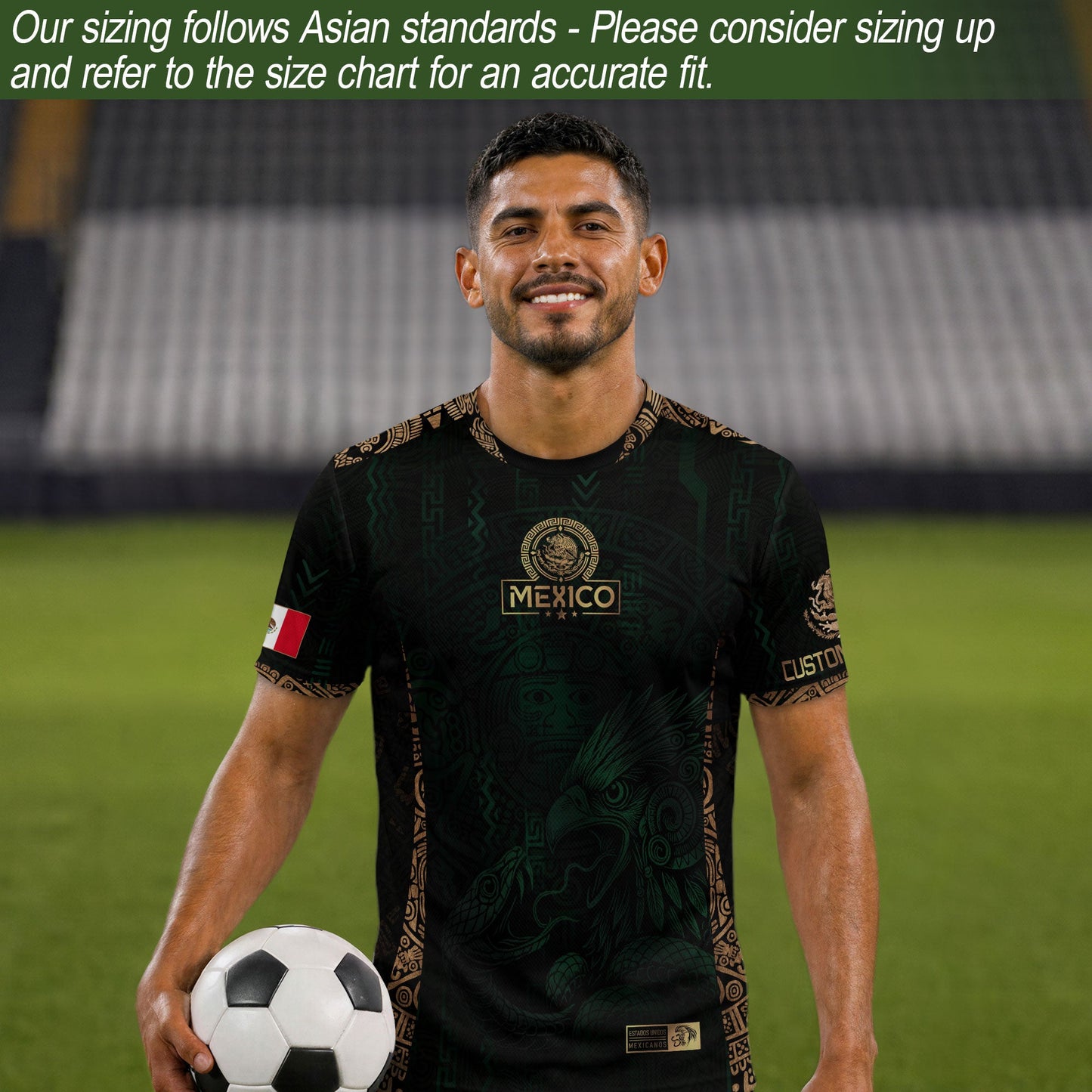 Custom Mexico Green Gold Soccer Jersey with Aztec Eagle Warrior Design