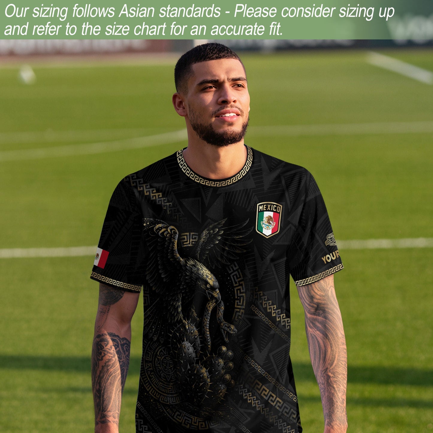 Custom Mexico Black Gold Eagle and Serpent Aztec Heritage Soccer Jersey