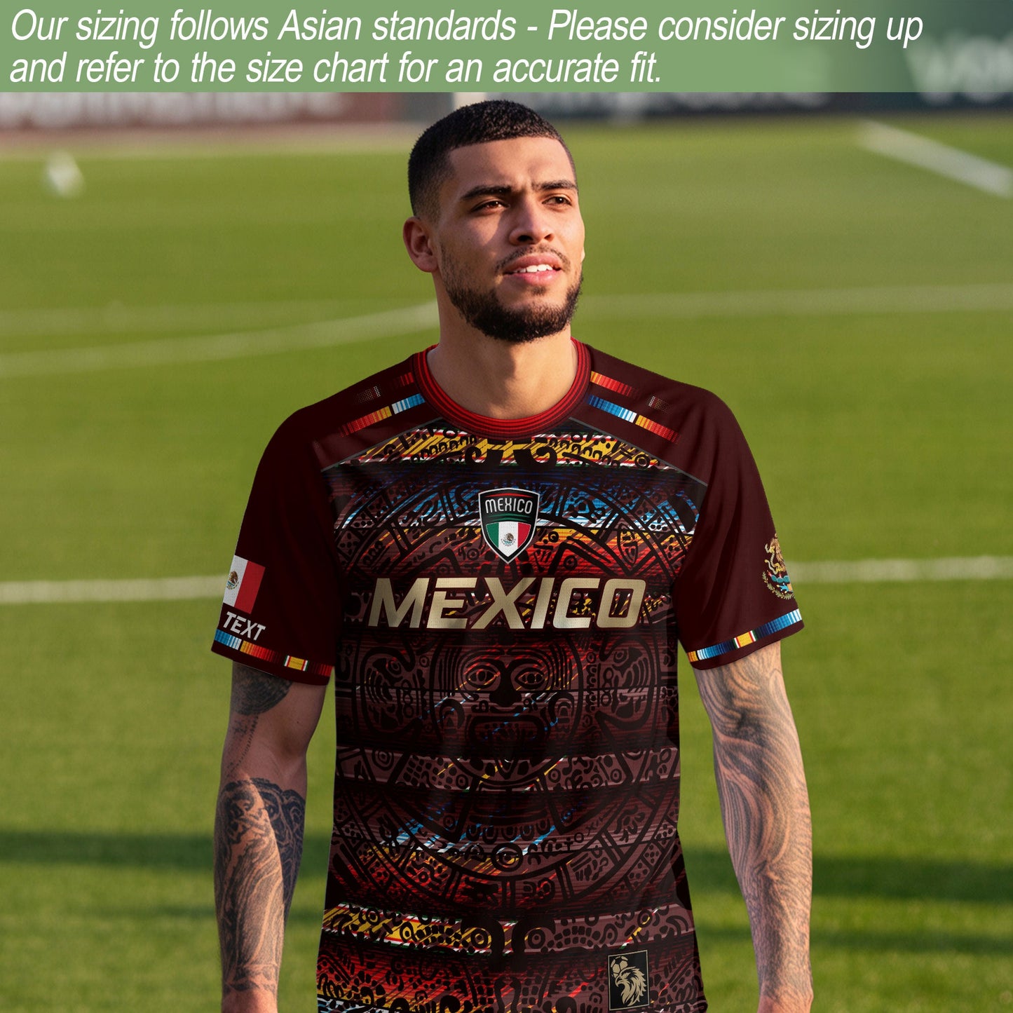 Custom Mexico Soccer Jersey Burgundy Gold Heritage Aztec Calendar Design
