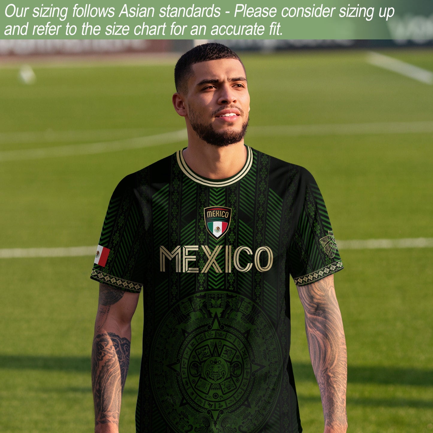 Mexico Green Soccer Jersey with Golden Aztec Calendar and Eagle Crest