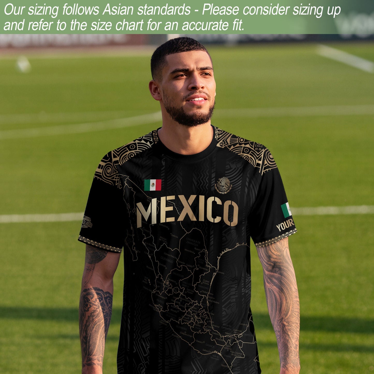 Custom Mexico Black Gold Soccer Jersey with Heritage Map and Aztec Details
