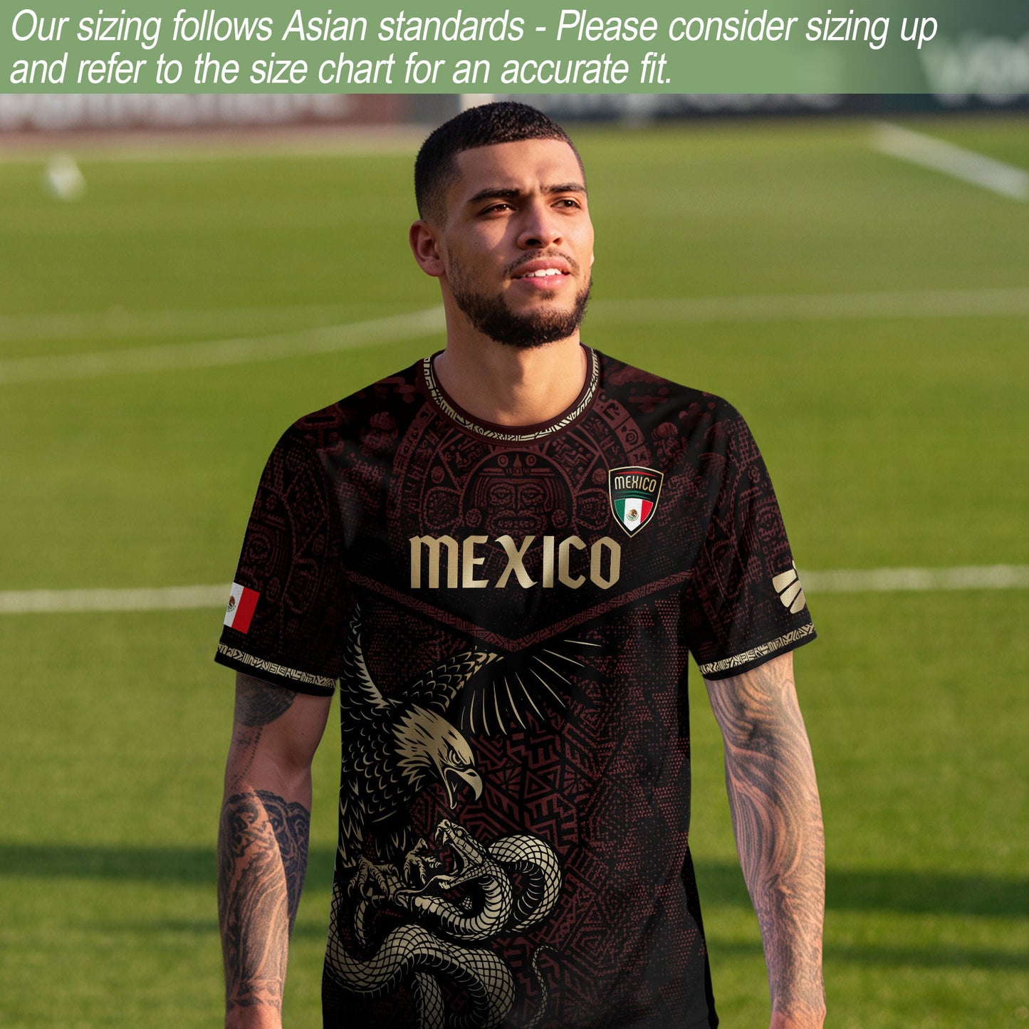 Mexico Soccer Jersey Maroon Gold Aztec Eagle & Serpent Design