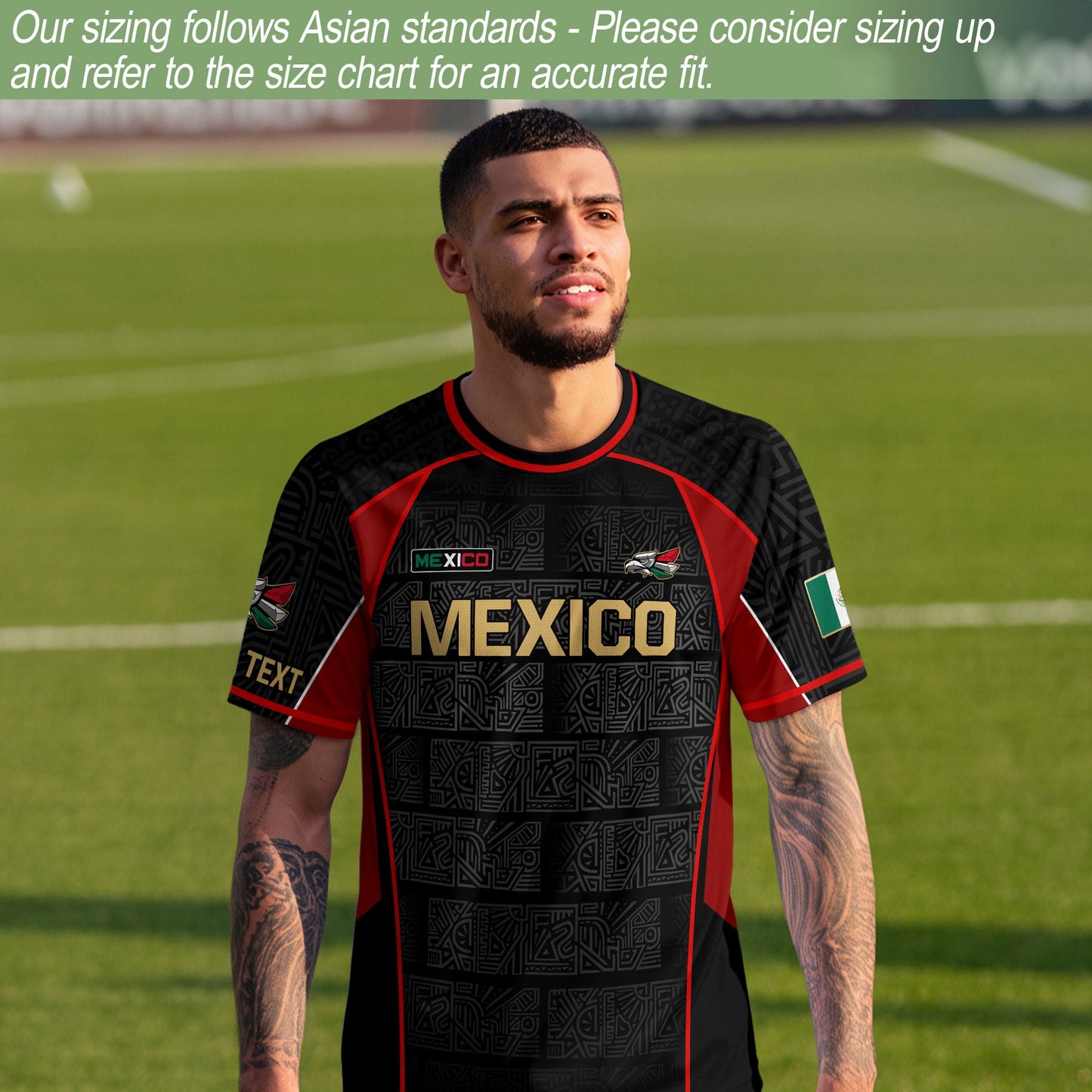 Custom Mexico Soccer Jersey Black Red Gold Aztec Pattern Design