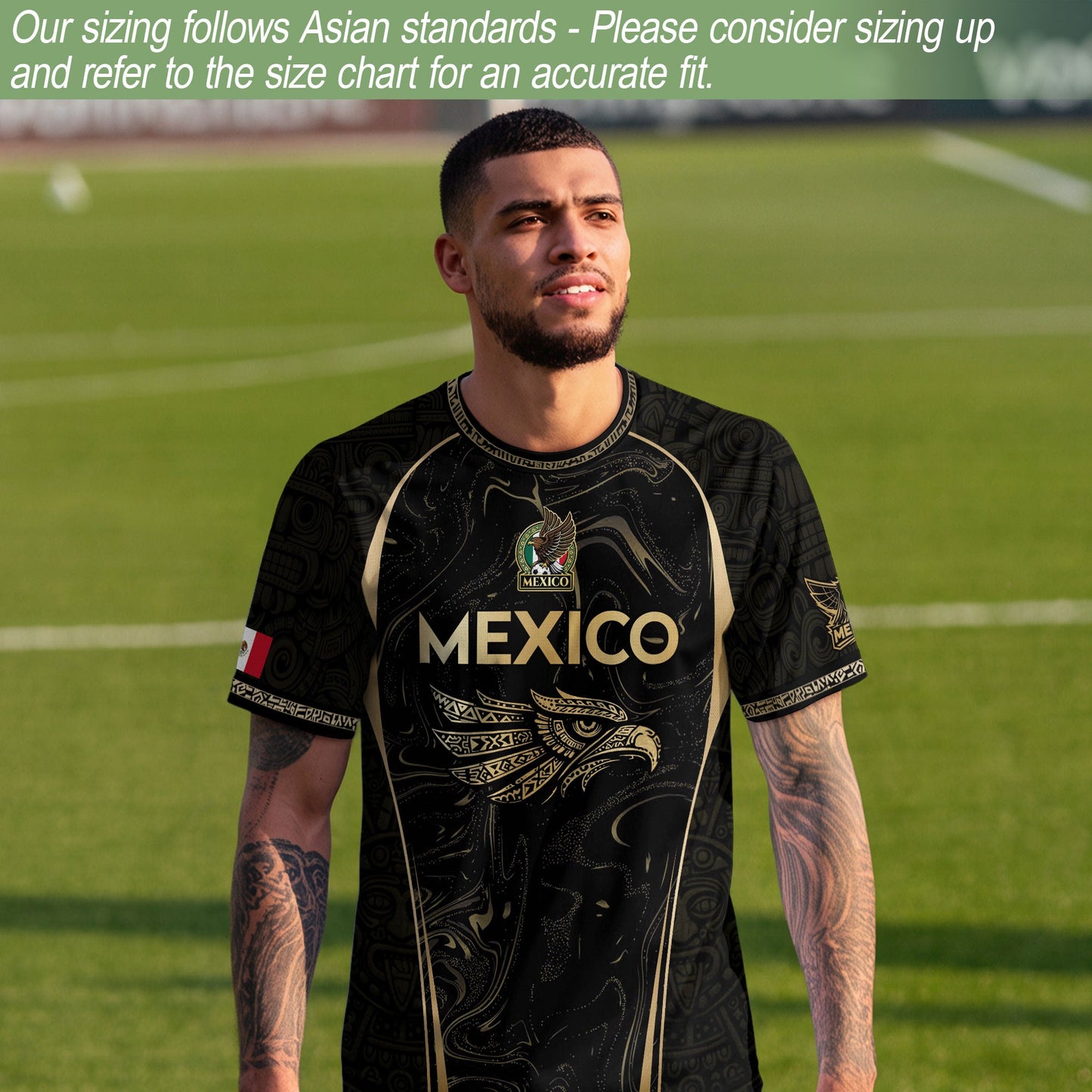 Mexico Coat of Arms Black Gold Aztec Eagle Warrior Heritage Soccer Jersey