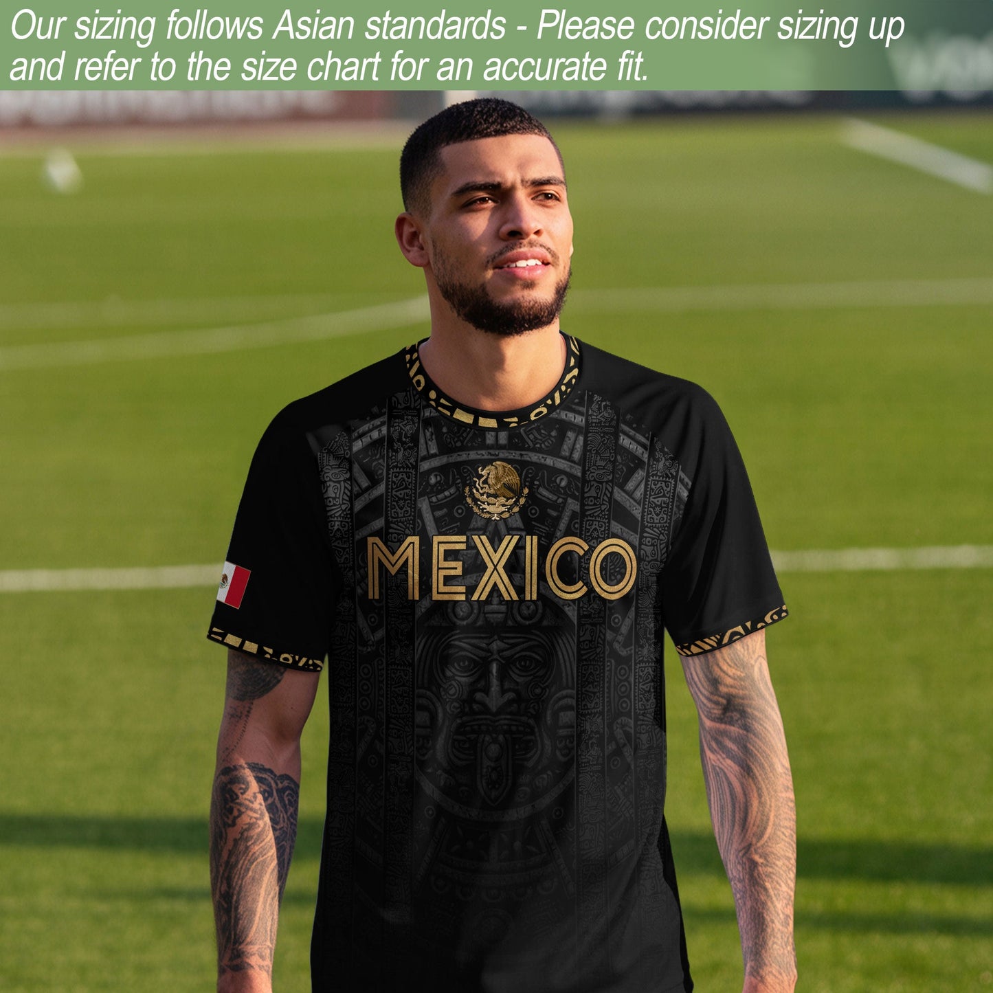 Mexico Heritage Orgullo Mexicano Black Gold Aztec Sun Stone Calendar Soccer Jersey