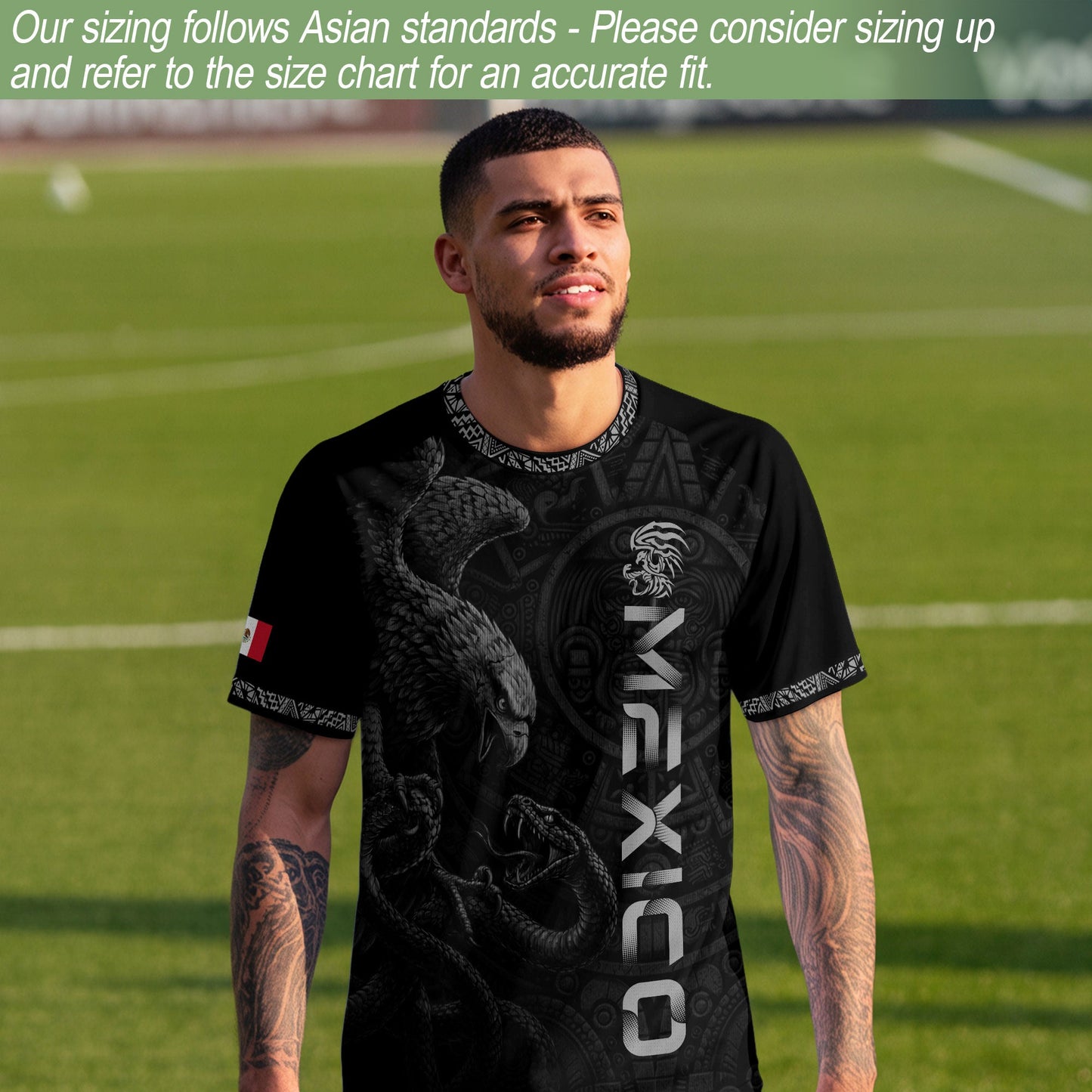 Mexico Coat of Arms Black Silver Eagle Snake Battle Aztec Calendar Heritage Soccer Jersey