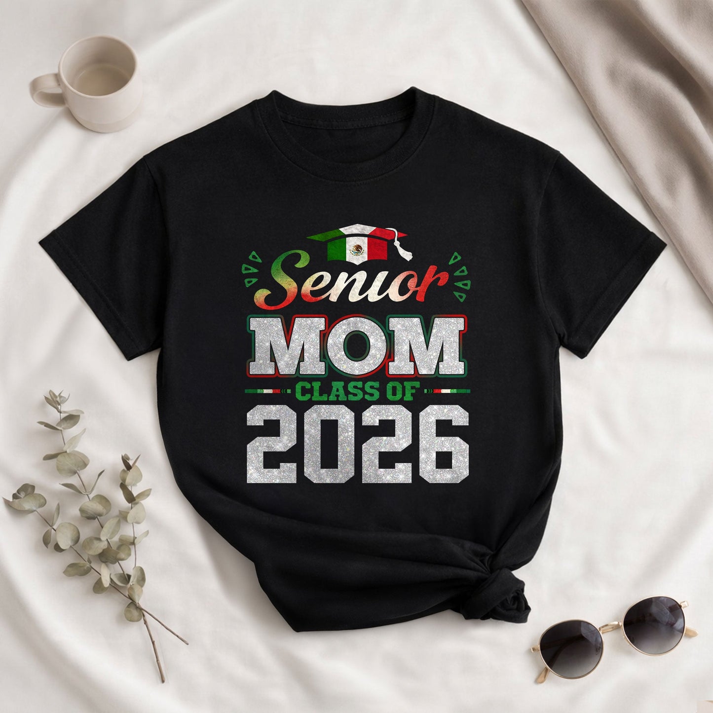 Senior Family 2026 Mexico Flag Varsity Shirt - Proud Mexican Silver Glitter Graduation Tee..