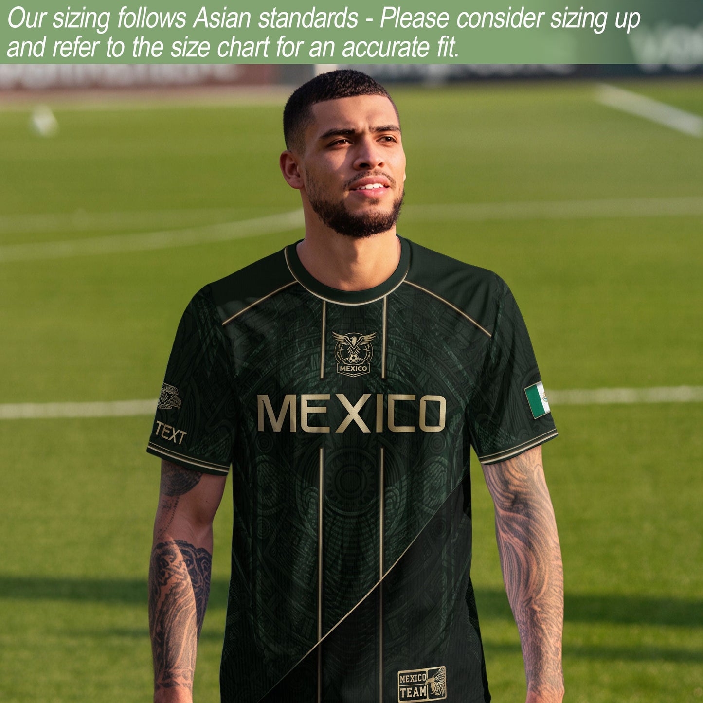 Mexico Soccer Jersey Personalized Name Number Green Aztec Sun Stone Design Kit