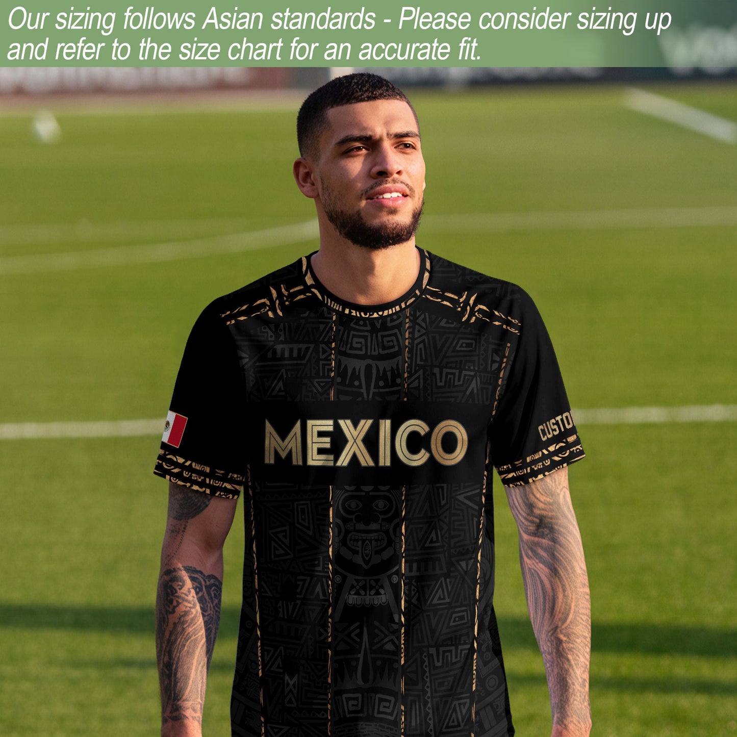 Mexico Soccer Jersey Custom Name - Aztec Heritage Black & Gold Tribal Football Shirt