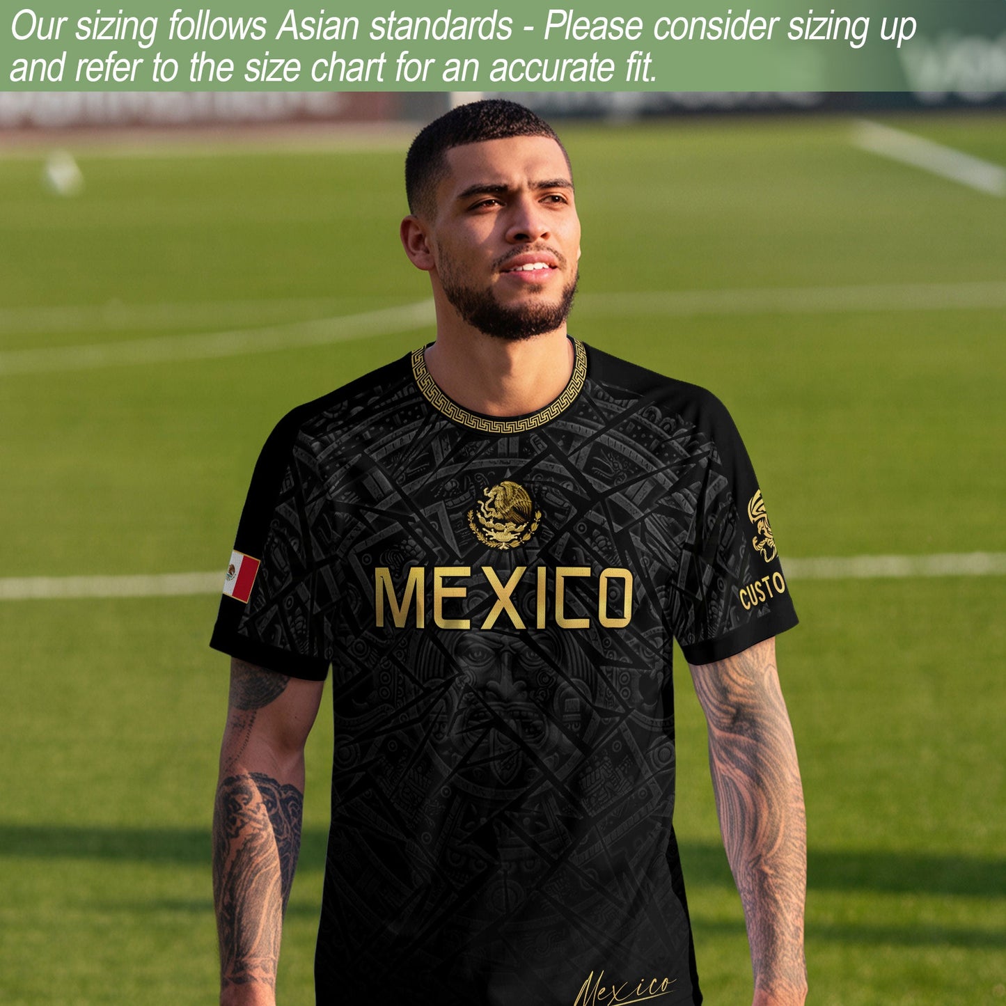 Custom Mexico Soccer Jersey – Black Aztec Heritage Pattern Personalized Football Shirt