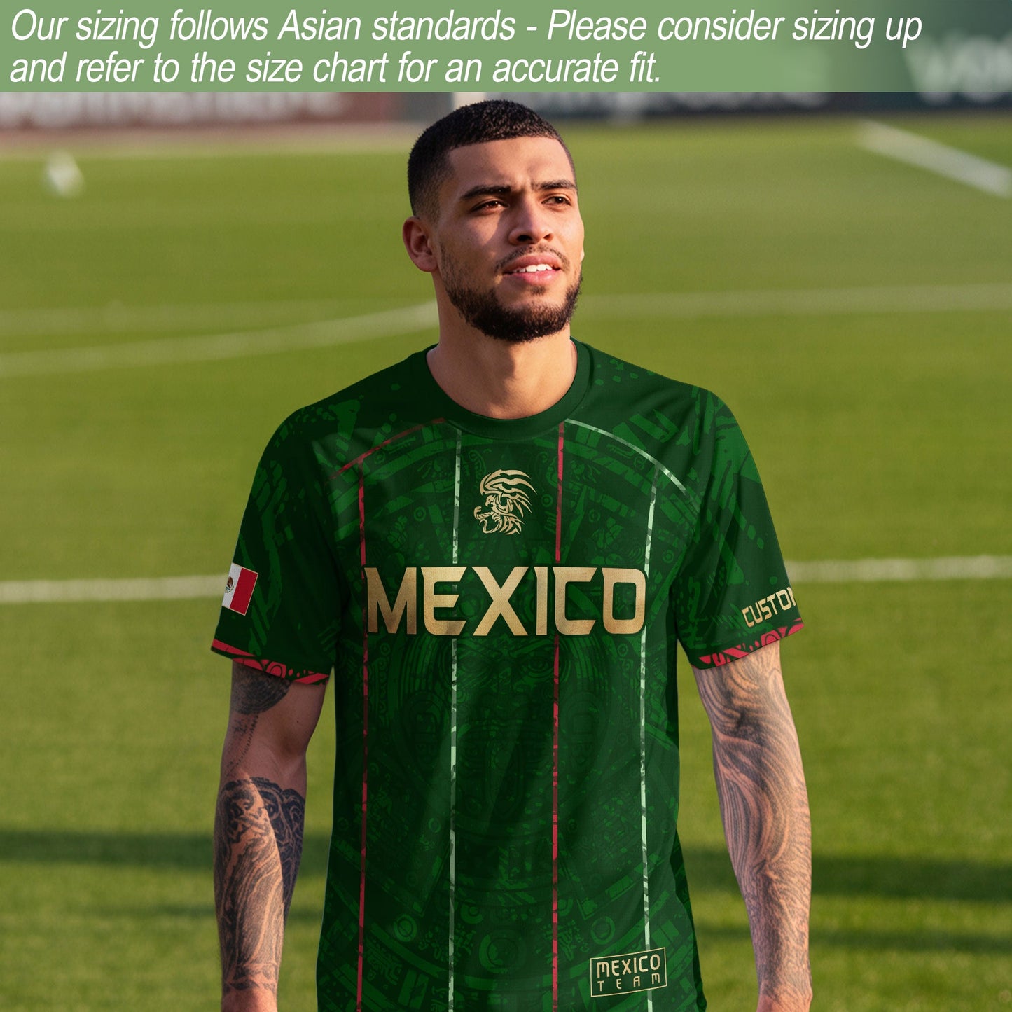 Custom Mexico Soccer Jersey – Green Aztec Pattern Striped Football Shirt with Custom Name Number
