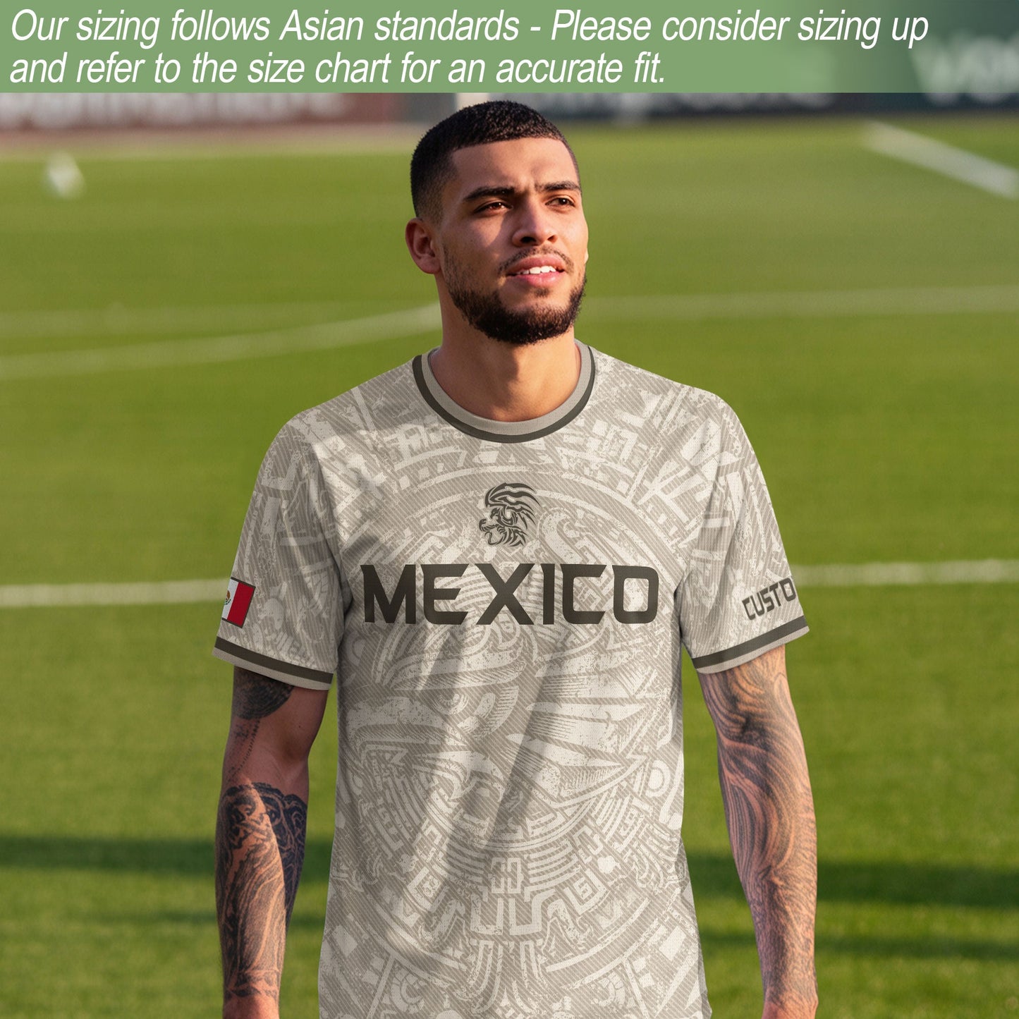 Custom Mexico Soccer Jersey Beige Aztec Calendar & Quetzalcoatl Heritage Fan Shirt